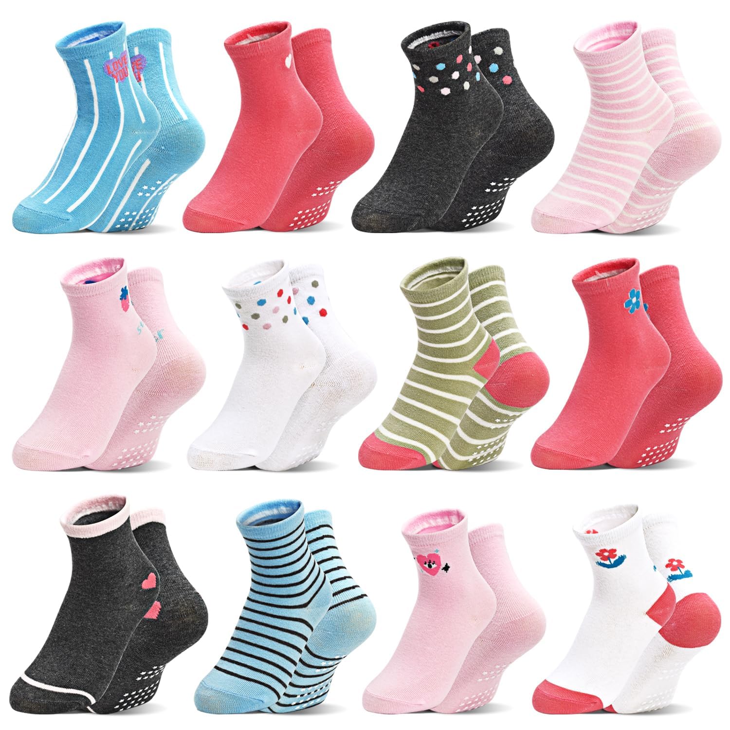 ARERWA Stoppersocken Kinder 12 Paar Mädchen Rutschfeste Socken Antirutsch Socken Kinder Crew Socken für 1-7 Jahre Kinder und Mädchen