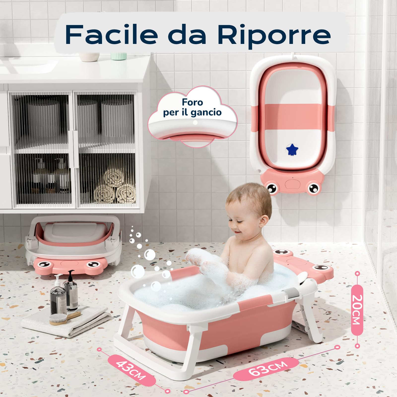 COOSEYA Vaschetta Bagnetto Neonato, Vasca Neonato Bagnetto Con Supporto Da Bagno Gratuito Per Neonati E Bambini, Regalo Ideale Per Viaggi All'Aperto (Rosa)