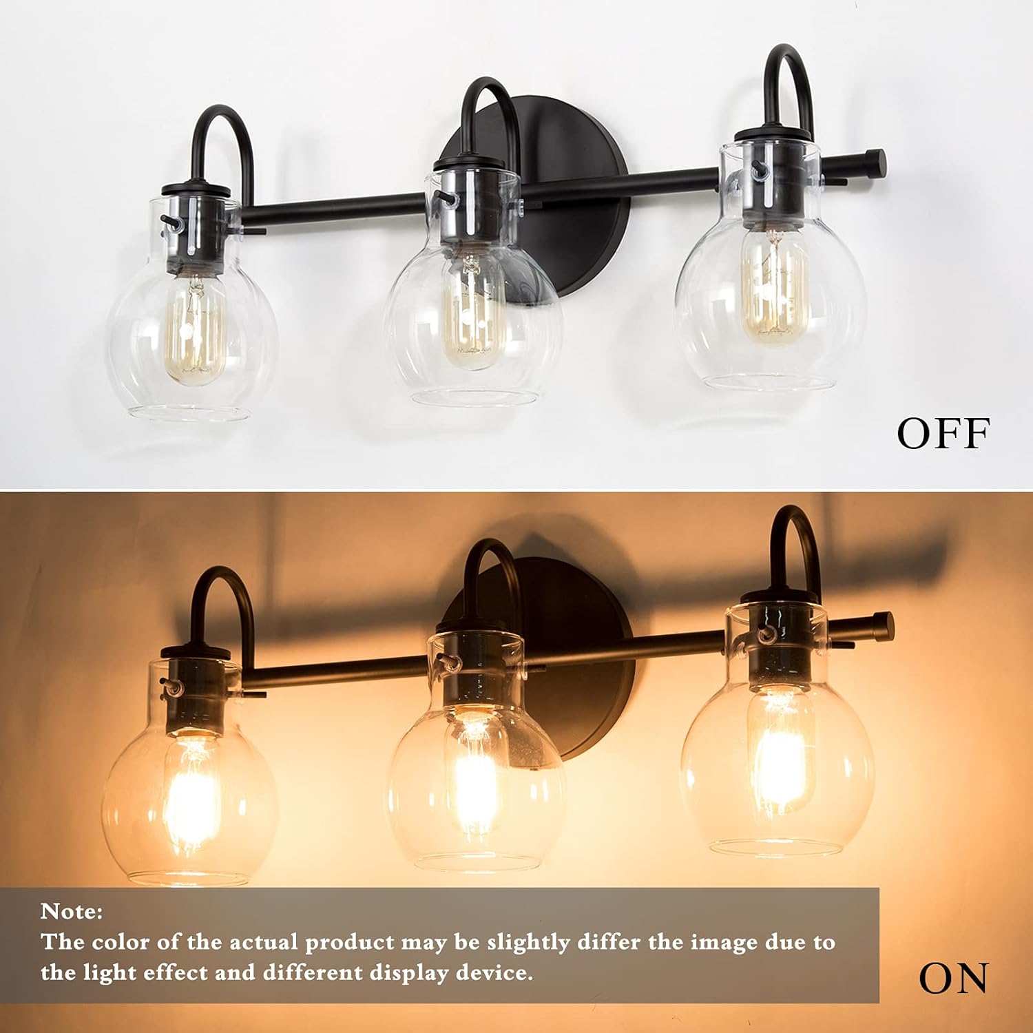 Bathroom Light Fixtures, 3-Light Black Vanity Light, Modern Farmhouse Bathroom Lighting with Clear Glass Shades, 22’’ L x 7’’ W x 9’’ H