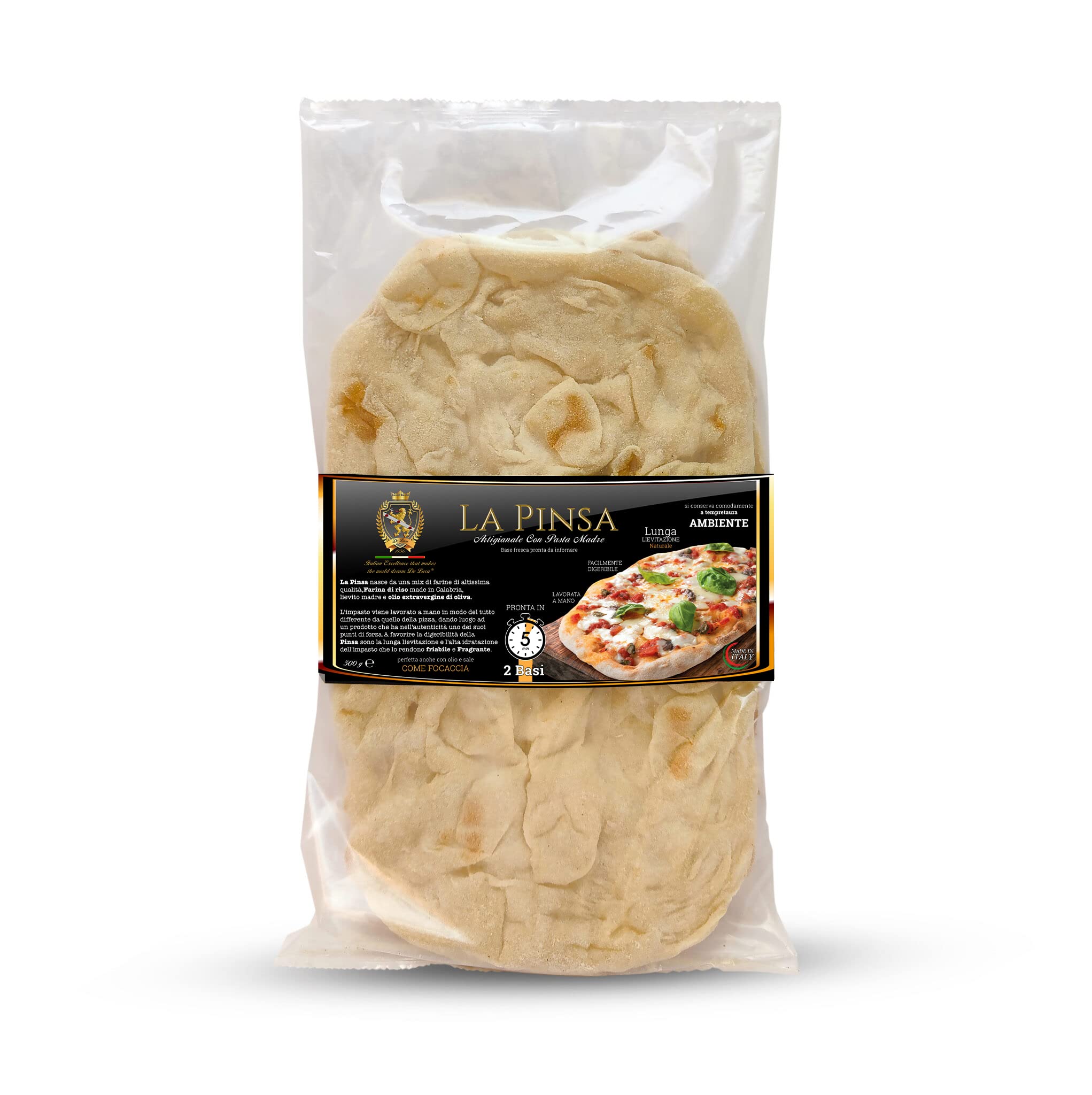 Pinsa Artesana Precocida, Base para Condimentar y Calentar, con Aceite de Oliva Virgen Extra y Levadura Madre, Elaborada en Calabria De Luca 500g, 2 Bases de Pinsa de 250g caja de 4 Bases 2 Paquetes