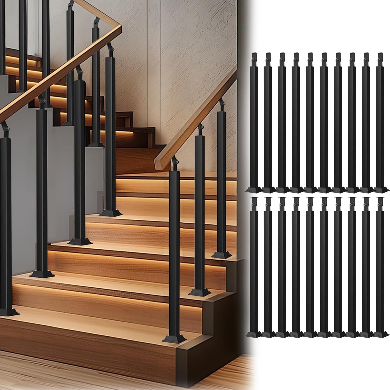 Balustres d'escalier en métal noir 70 cm | Lot de 20 poteaux carrés