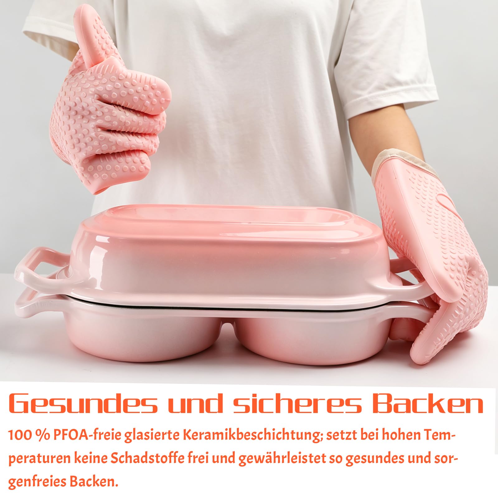 LINMAGCO Emaillierte Brotbackform aus Gusseisen, Brotbackform mit Deckel inkl, zwei runde Backfächer, Dutch Oven mit Deckel, Ofenfeste Handwerker Brotbackform, Gusseisen(Rosa)