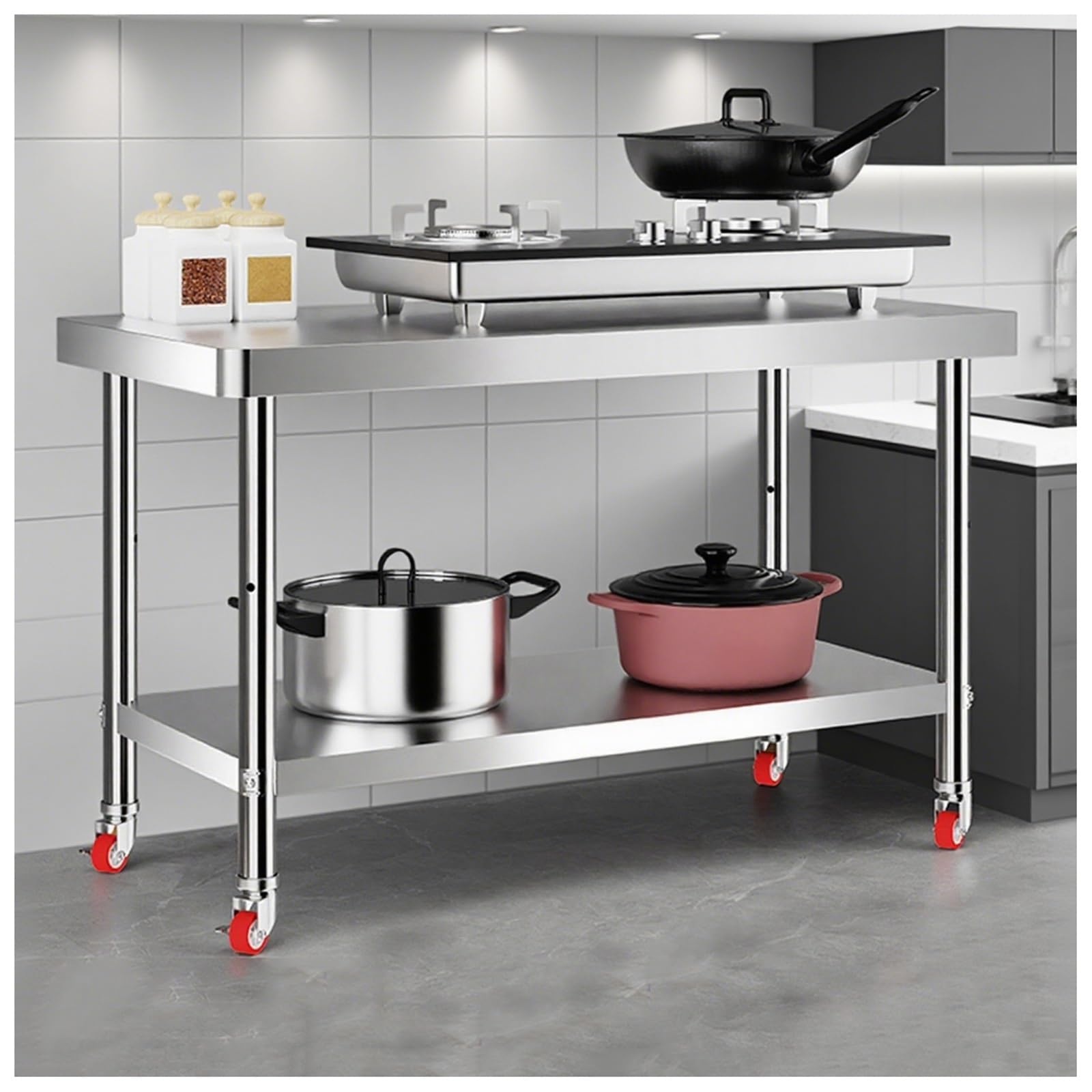 2-Tier Stainless Steel Workbench with Wheels, 4 Swivel Castors for Easy Maneuverability, 80cm High Open Cabinet Shelf with Shelves, Multiple