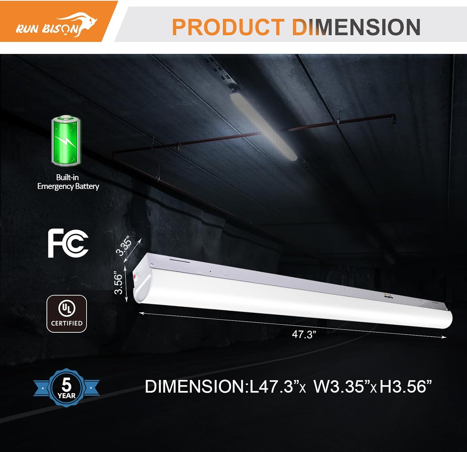 4FT LED Linear Shop Lights with Emergency Battery Backup,3 Color Selectable 3500K-5000K, Lumen Adjustable 4420/4940/5850LM,120-277V, 0-10V Dimmable, Built-in 90 Minute Emergency Battery-2PK