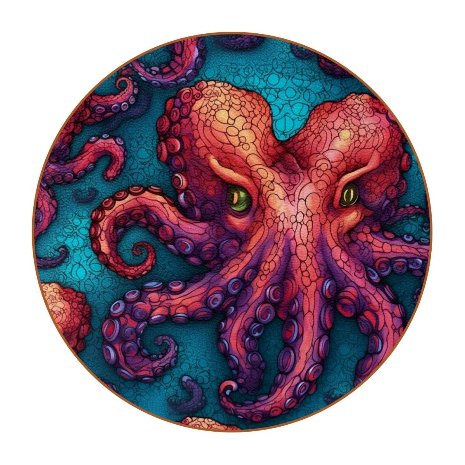 Cartoon-Ozean-Oktopus-Untersetzer für Getränke, 6 Stück, Tisch-Schutzmatte für Weingläser, Tassen und Tassen, wiederverwendbar im Büro, Küche, Bar, 10,9 cm