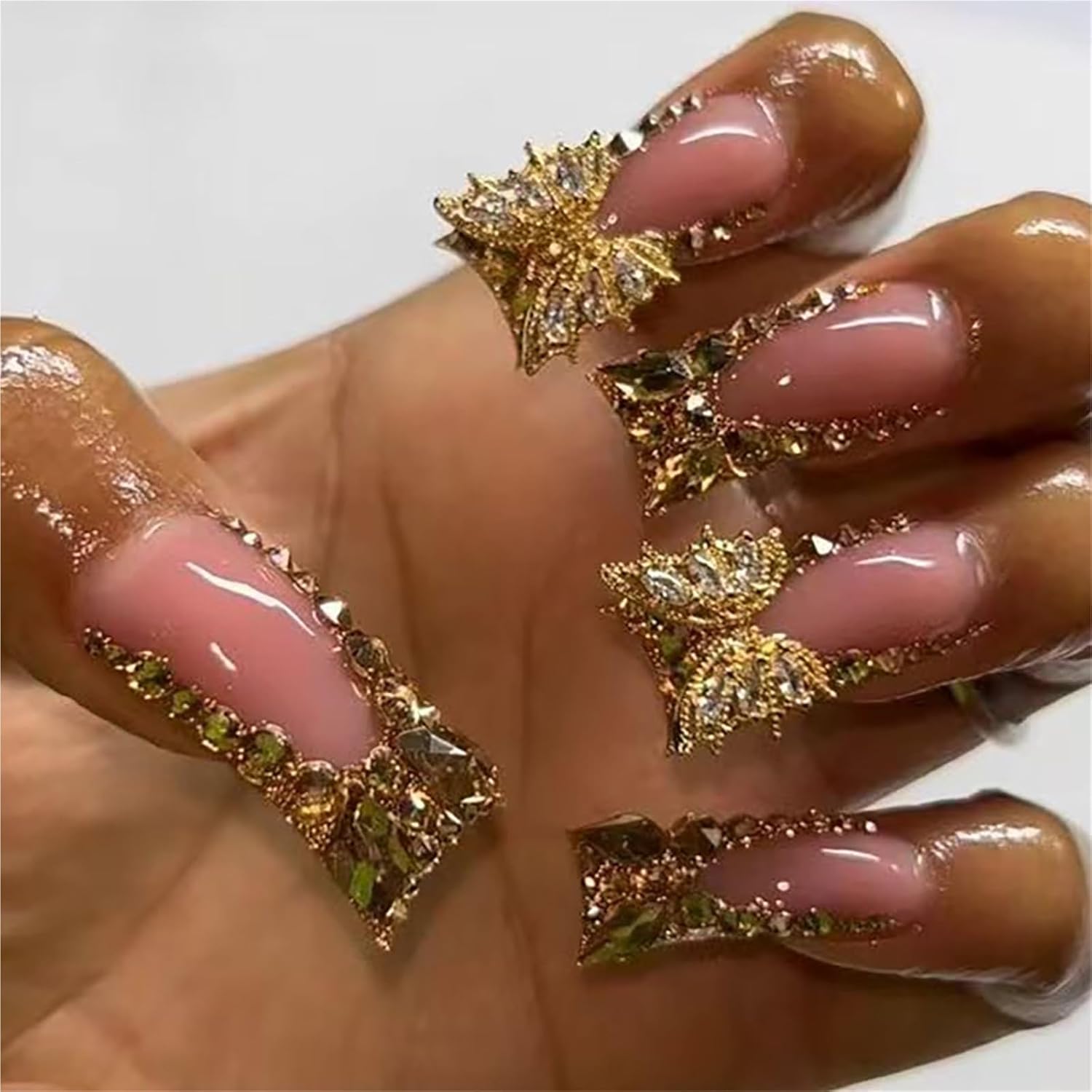 24pcs Medium Length Press on Nails French Tip False Nails Glitter Gold Fake Nails Rhinestone Butterfly Stick on Nails Removable Glue-on Acrylic Nail Tips Accessories for Women