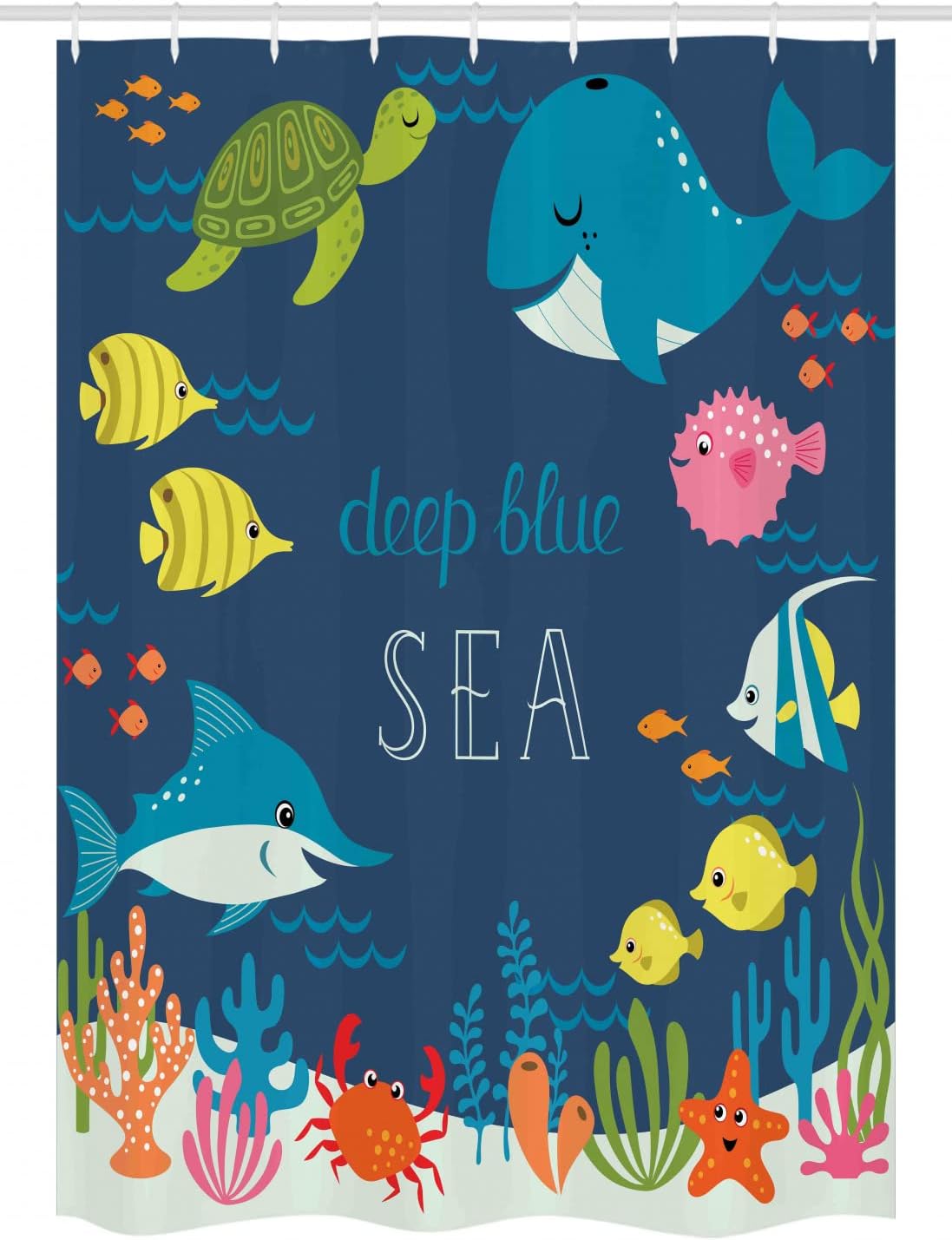 Ambesonne Cartoon Stall Shower Curtain, Underwater Graphic Algaes Coral Reefs Turtles Fishes The Life Aquatic, Fabric Bathroom Decor Set with Hooks, 54" W x 78" L, Indigo Fern Green Sky Blue