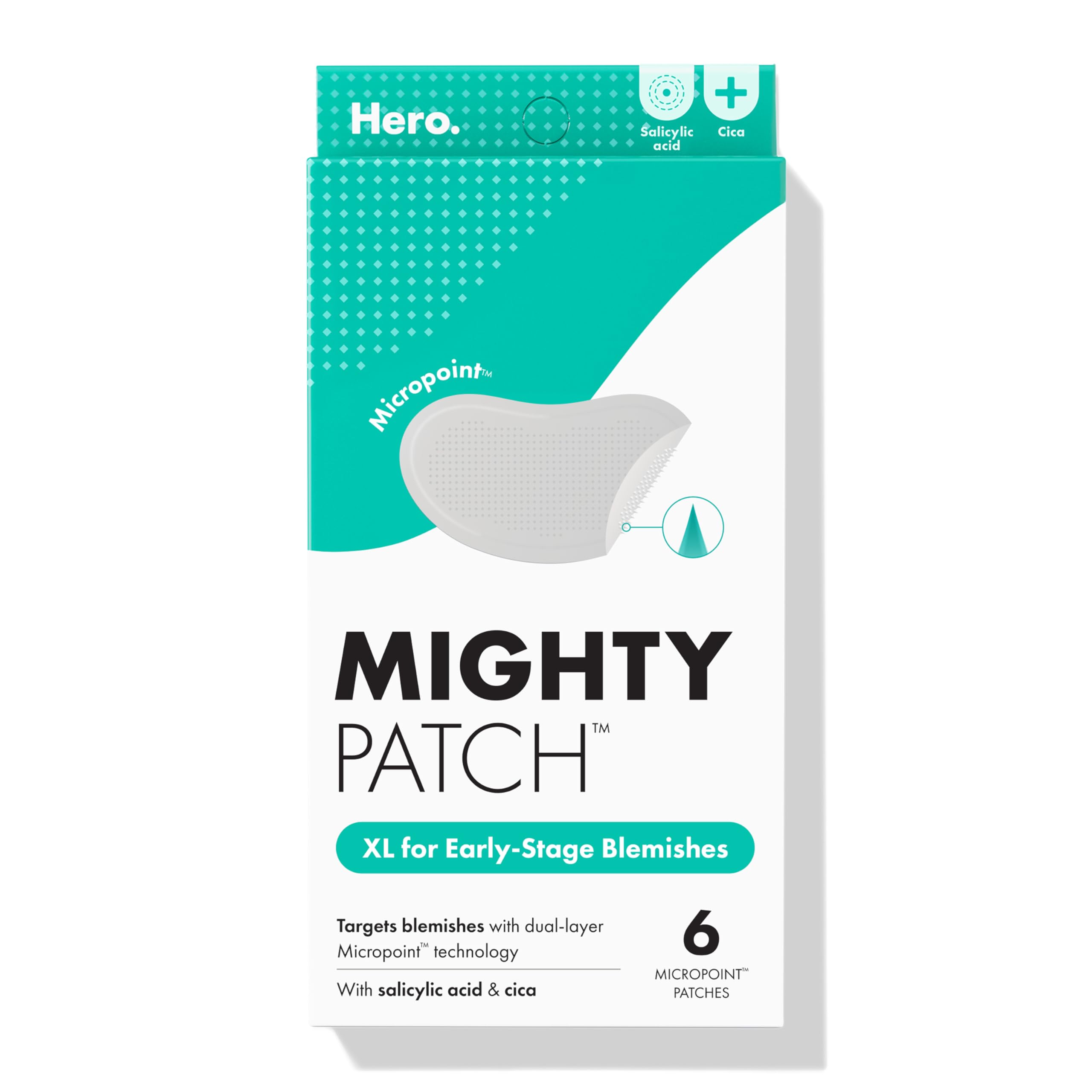 Hero Cosmetics Mighty Patch Micropoint™ XL for Blemishes - Hydrocolloid Acne Spot Treatment Patch for Early Stage Zits and Hidden Pimples, 1,385 Proprietary Micropoints (6 Count)