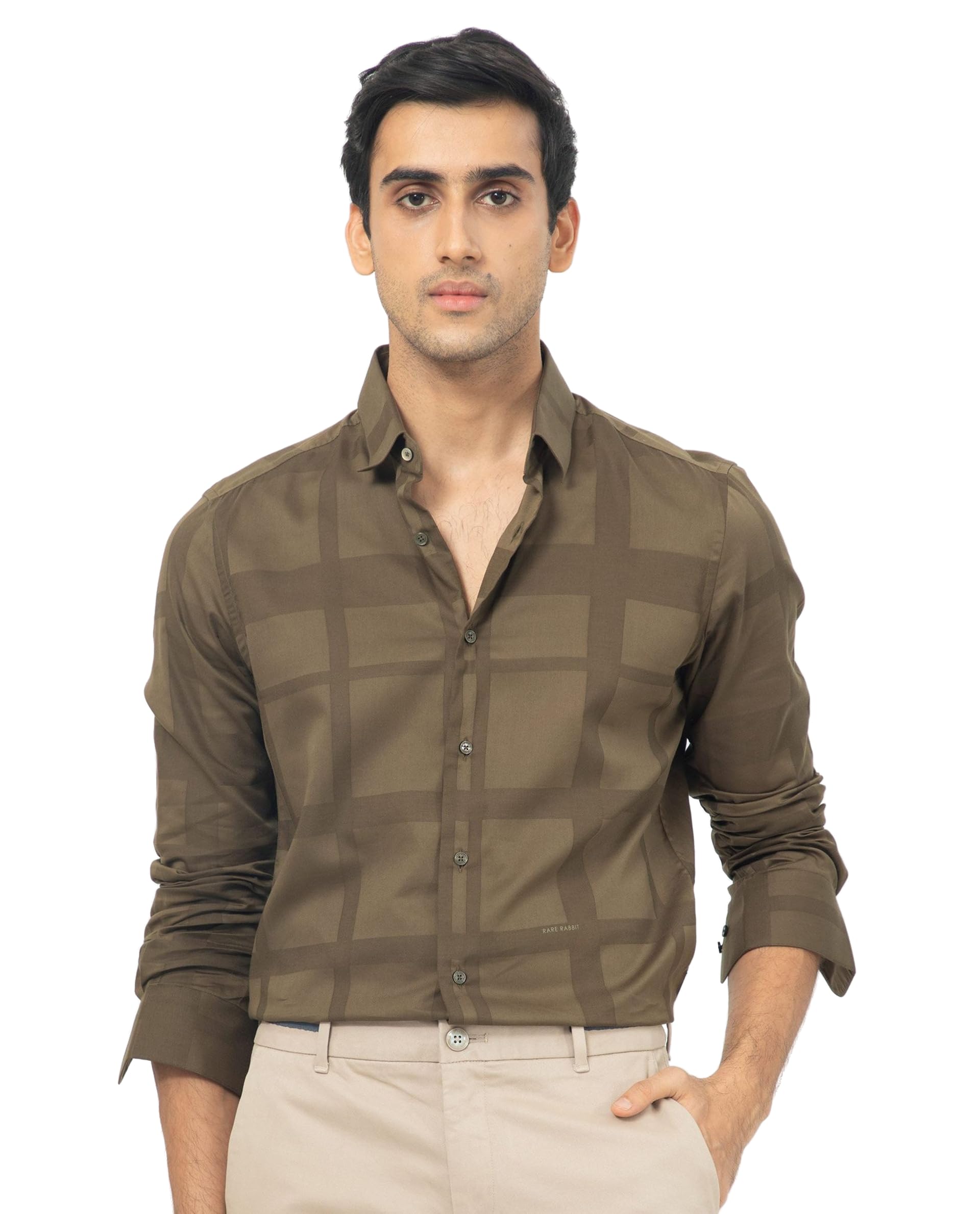 rare rabbit Men Regular Fit Olive Windowpane Cotton Long Sleeve Button Shirt-picture-10