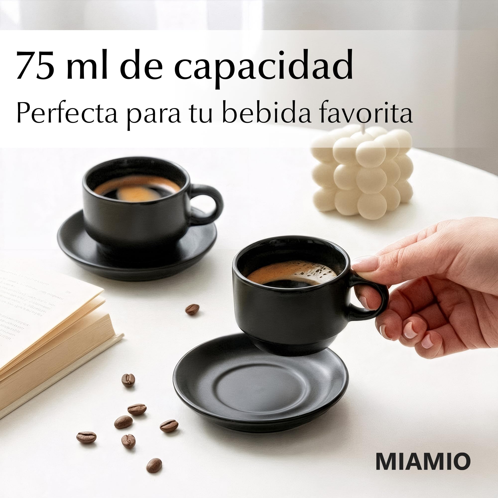 MIAMIO 6 x 75 ml Tazas Cafe Espresso De Cerámica de Gres - Juego De Tazas De Café con Plato - Le Papillon Colección (Negro)