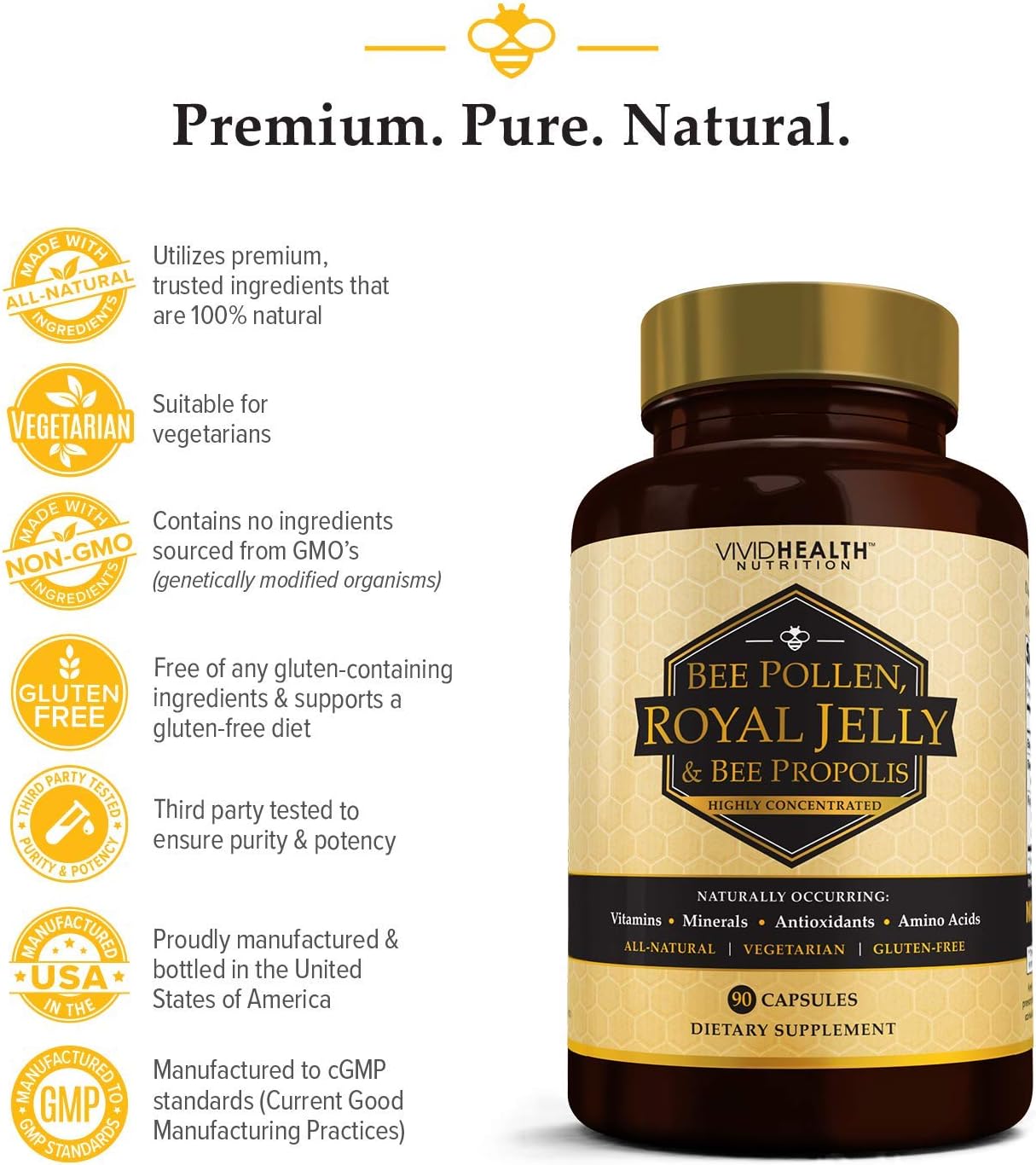 Immune Boosting Royal Jelly (4 Bottles) Supplement with Bee Pollen & Propolis | All Natural, High Potency Superfood for Energy, Clear Skin | 90 Pure, Non-GMO, Gluten Free Vegetarian Caps Each : Health & Household