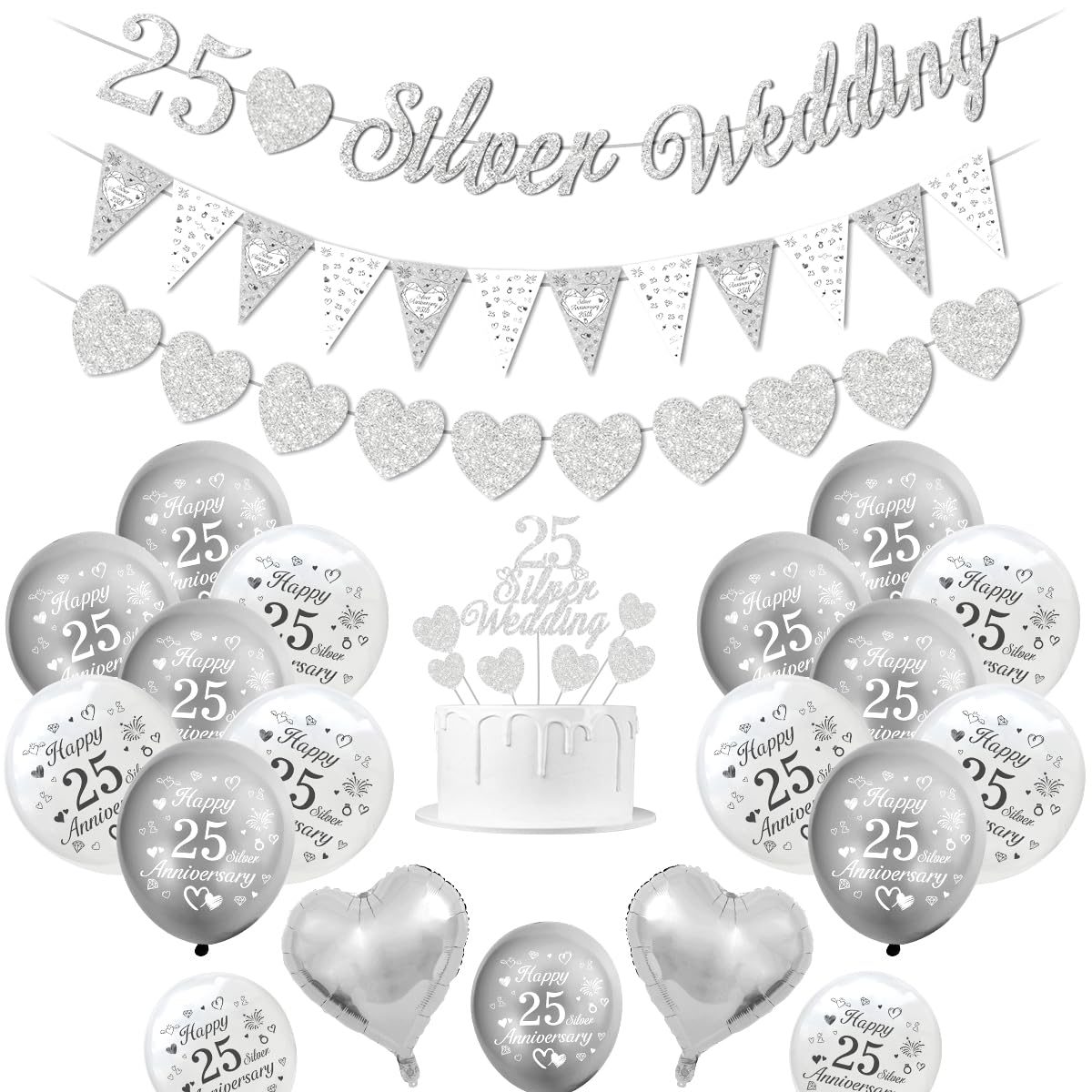 Decoraciones boda plata, decoraciones aniversario boda 25 pancarta boda plata 25 Globos Happy 25th Anniversary Globos blancos plateados Globos corazón 25 Silver Wedding Cake Topper