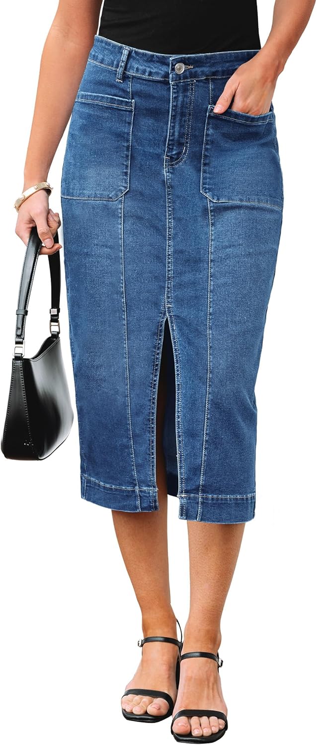 luvamia Jean Skirts for Women Denim Trendy Casual Stretchy High Waisted Midi Front Pockets Below Knee Skirt with Slit