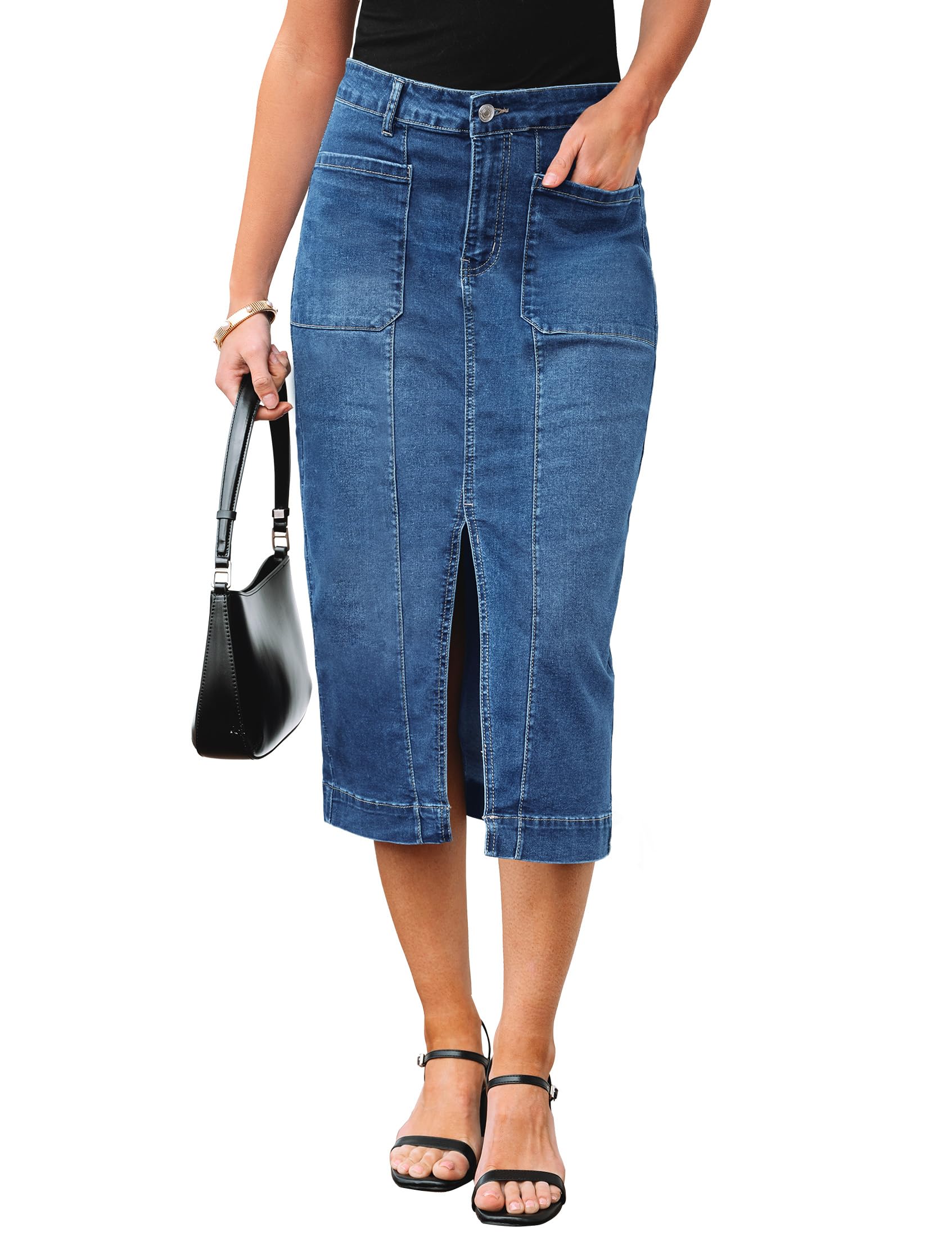 luvamia Jean Skirts for Women Denim Trendy Casual Stretchy High Waisted Midi Front Pockets Below Knee Skirt with