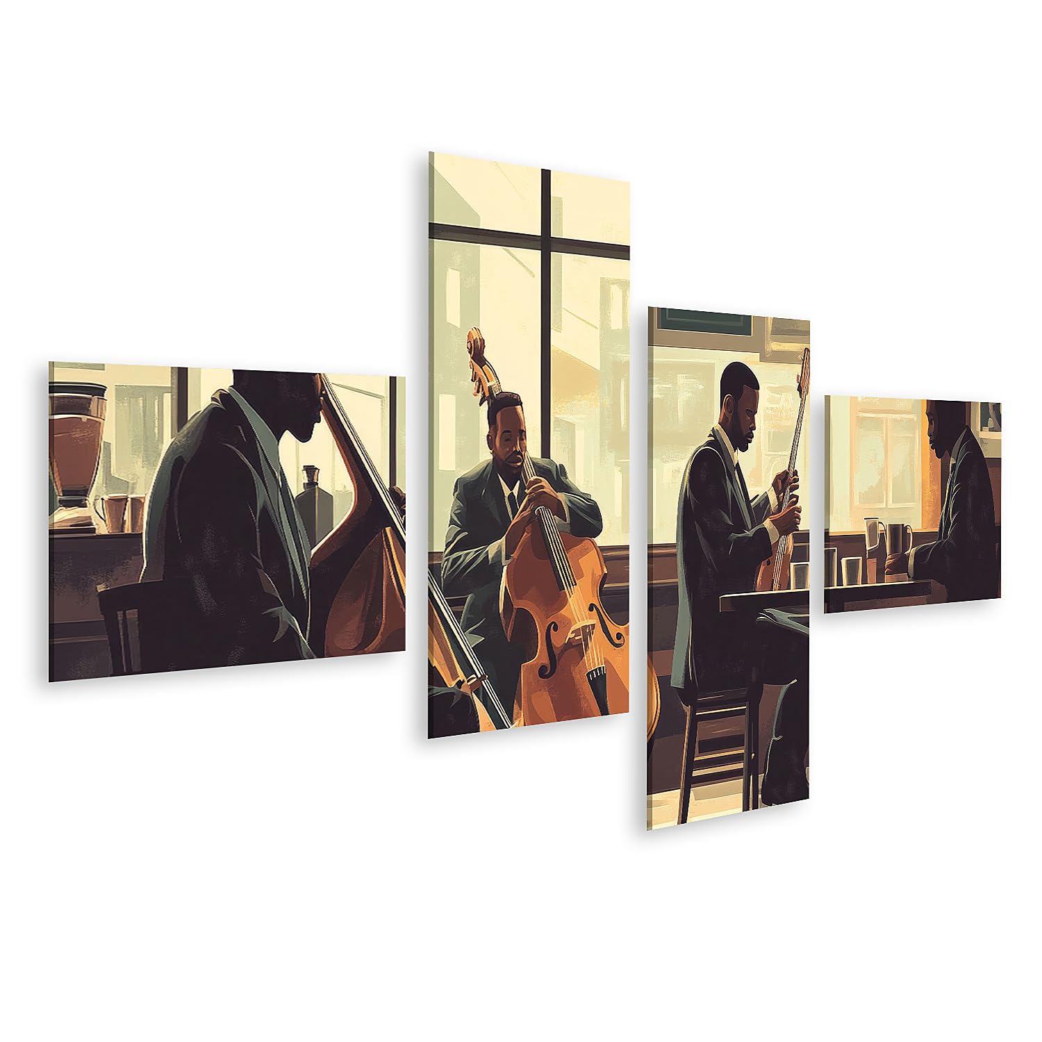 islandburner Quadro su tela musicista jazz in un caffè soleggiato per soggiorno amanti della musica caffetteria immagini poster