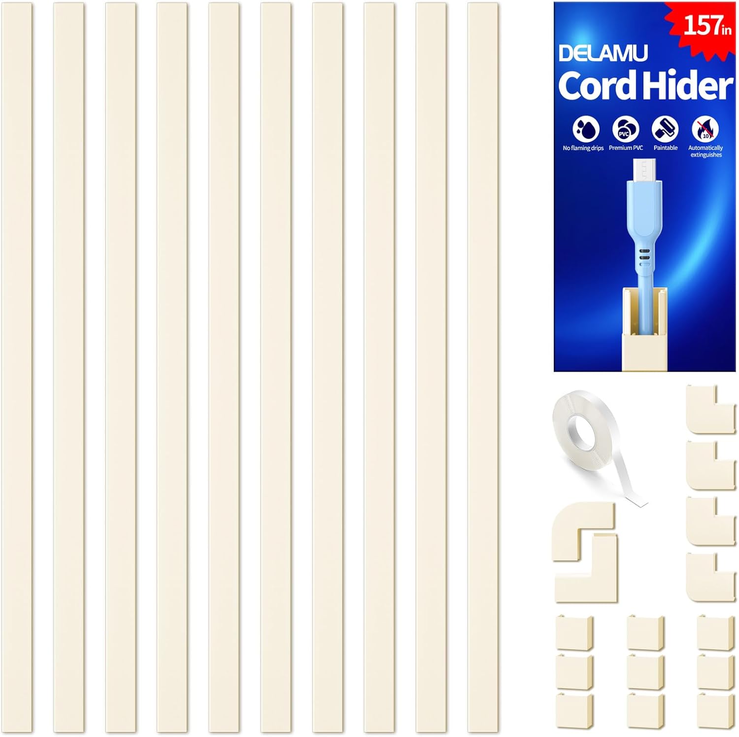 Delamu 157in Cord Covers for Wires on Wall, Cord Hider for 1 Cord, Paintable Cable Hider, Cable Management Wire Covers for Cords, L15.7 W0.55 H0.4in, Beige 157inL x 0.55in W x 0.4in H Beige