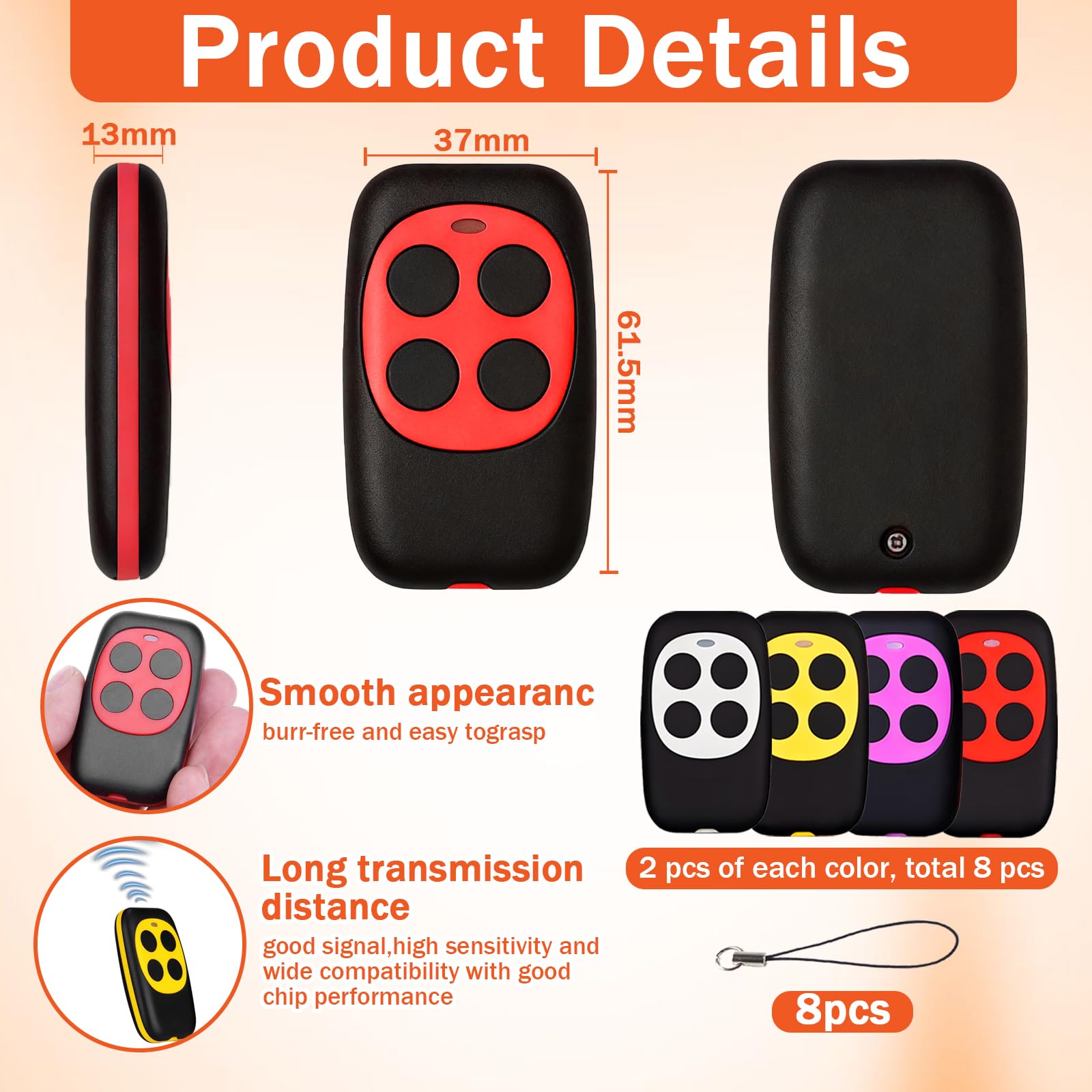 8 Pezzi Telecomando Universale 433.92 Mhz Apprendibile, Telecomando Garage Universale Portatile Compatto Pratico Alta Sensibilità Multifrequenza Comodo da Tenere Bello e Durevole con 8 Portachiav