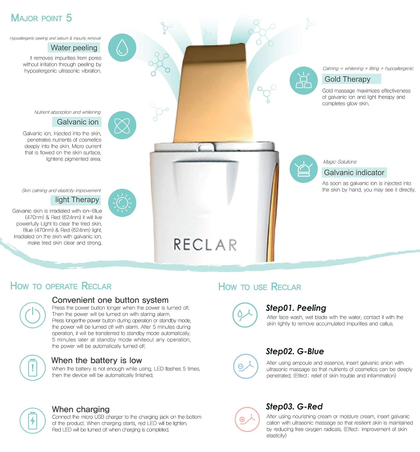 Gold Blade Portable Ultrasonic Galvanic Water Peeling Facial Anti-Aging Skin Care Device