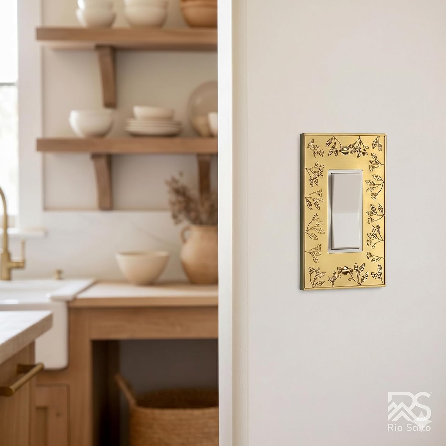 Rio Salto Floral Collection Brushed Brass Gold Decorative Rocker Light Switch Plate and Outlet Cover Wall Plate 2 Pack – 1 Gang 5" x 3.13" Metal Design Midsize Premium Heavy-Gauge Wall Plates