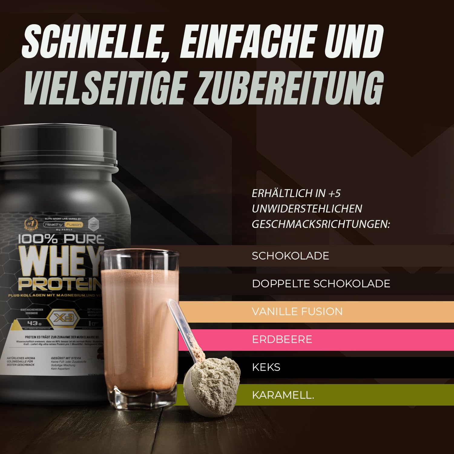 Healthy Fusion Whey Protein | 100% reines Whey Protein mit Kollagen, Magnesium & Vitamin B6 | 43 g Protein + 9,4 g BCAA pro Portion | Für Muskelaufbau, schnellere Regeneration | Schokolade | 1 kg