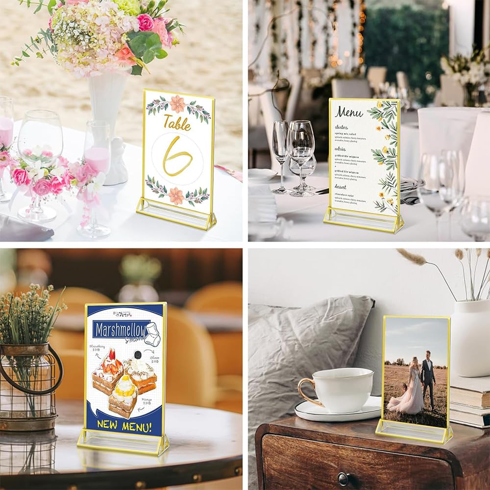 6 szt. złoty uchwyt na znak A5 akrylowy stojak na stół menu, 15 cm x 21 cm, pionowy dwustronny stojak na ulotkę na stół weselny numer restauracja znak zdjęcie ekspozycja