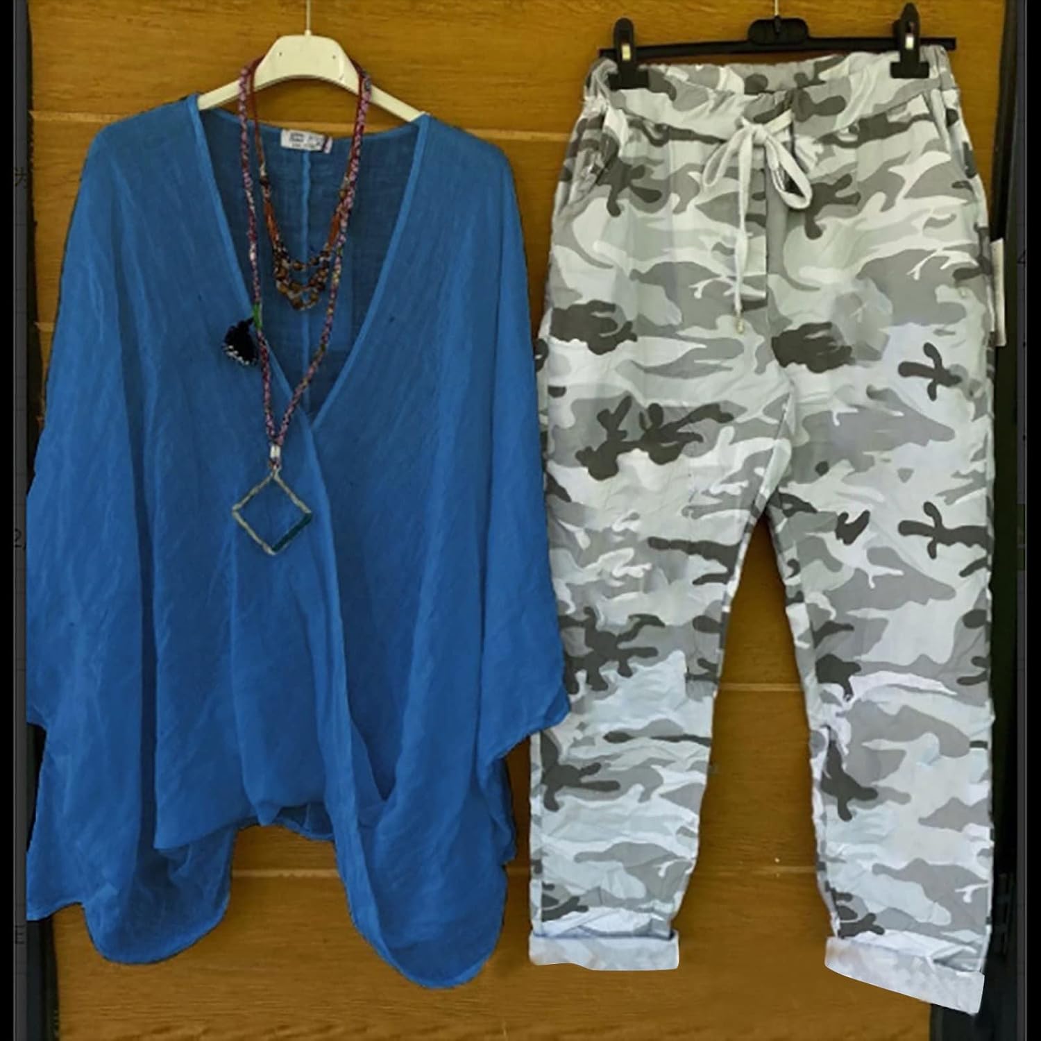 Ensemble 2 Pièces Été Femme Lin Imprimé Camouflage – T-Shirt Manches Mi-Longues + Pantalon Taille Élastique Décontracté