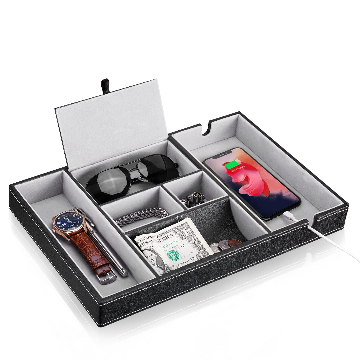NALACAL Nightstand Organizer Tray, Leather Valet Tray for Men, EDC Catchall Tray with Phone Charging Station, Dresser Top Organizer, 6 Compartments Entryway Valet Box for Wallet, Keys, Phone