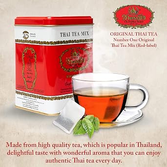 Number One Original Thai Tea Bags Red Label for Iced Tea, Milk Tea or Boba Tea Beverages, Restaurant-favored Traditional Brand from Thailand with Mild Earthy Taste (0.14oz x 50 Tea Bags)