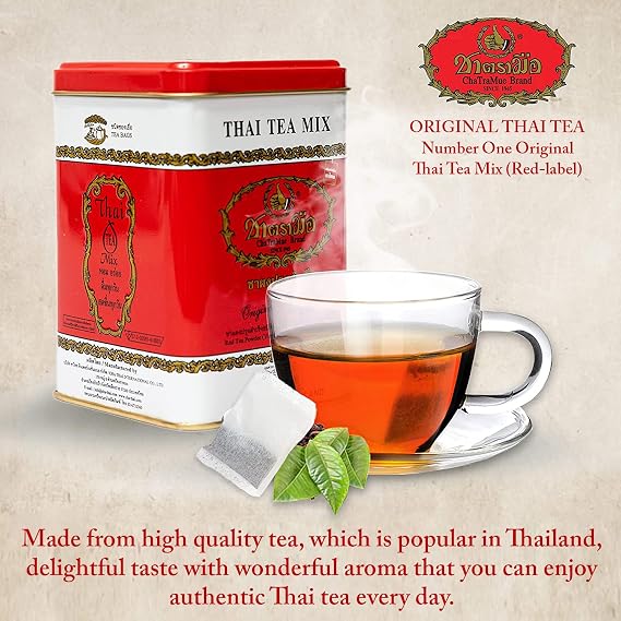 Number One Original Thai Tea Bags Red Label for Iced Tea, Milk Tea or Boba Tea Beverages, Restaurant-favored Traditional Brand from Thailand with Mild Earthy Taste (0.14oz x 50 Tea Bags)