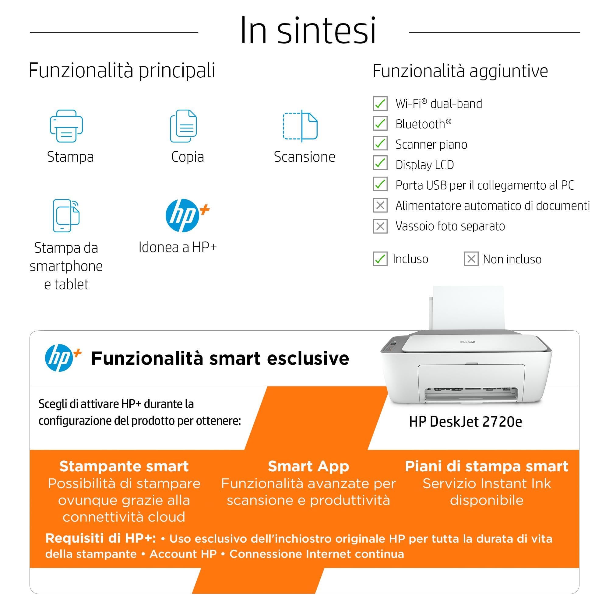 HP DeskJet 2720e 26K67B, Stampante Multifunzione a Getto d'Inchiostro A4 a Colori, Fronte e Retro Manuale, 7,5 ppm, Wi-Fi, 6 Mesi di Inchiostro Instant Ink Inclusi, Bianca