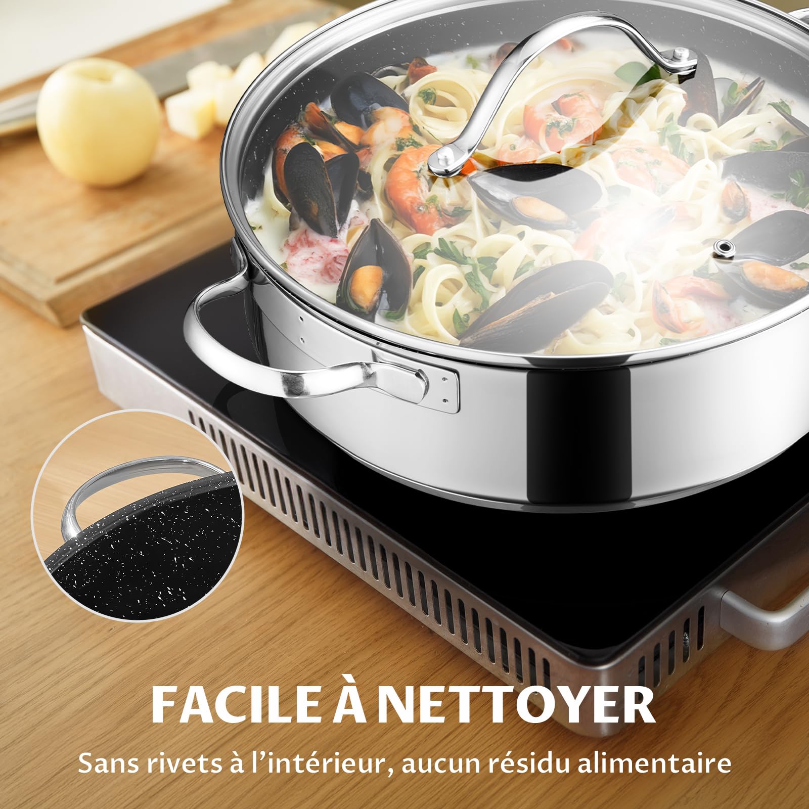 BEZIA Sauteuse Basse en Inox 18/10 de 28 cm | Faitout Bas avec Couvercle 5,1 L | Plat à Sauter Revêtement Antiadhésif Effet Pierre, Poêle de Service Tous Feux dont Induction, Résistant au Oven