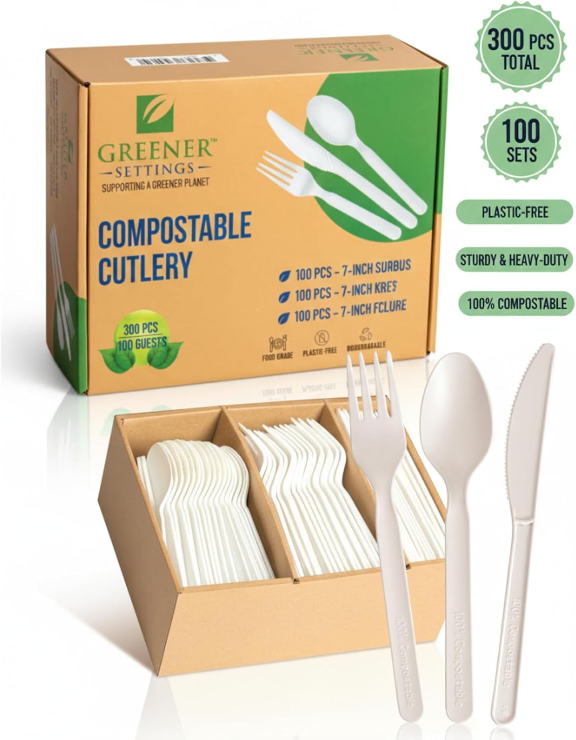 100% Compostable Cutlery Set – 300pc Disposable Forks, Spoons & Knives | Heavy-Duty 7" Plant-Based Utensils | Heat Resistant, Eco-Friendly Alternative to Plastic | With Serving Tray (100 Sets)