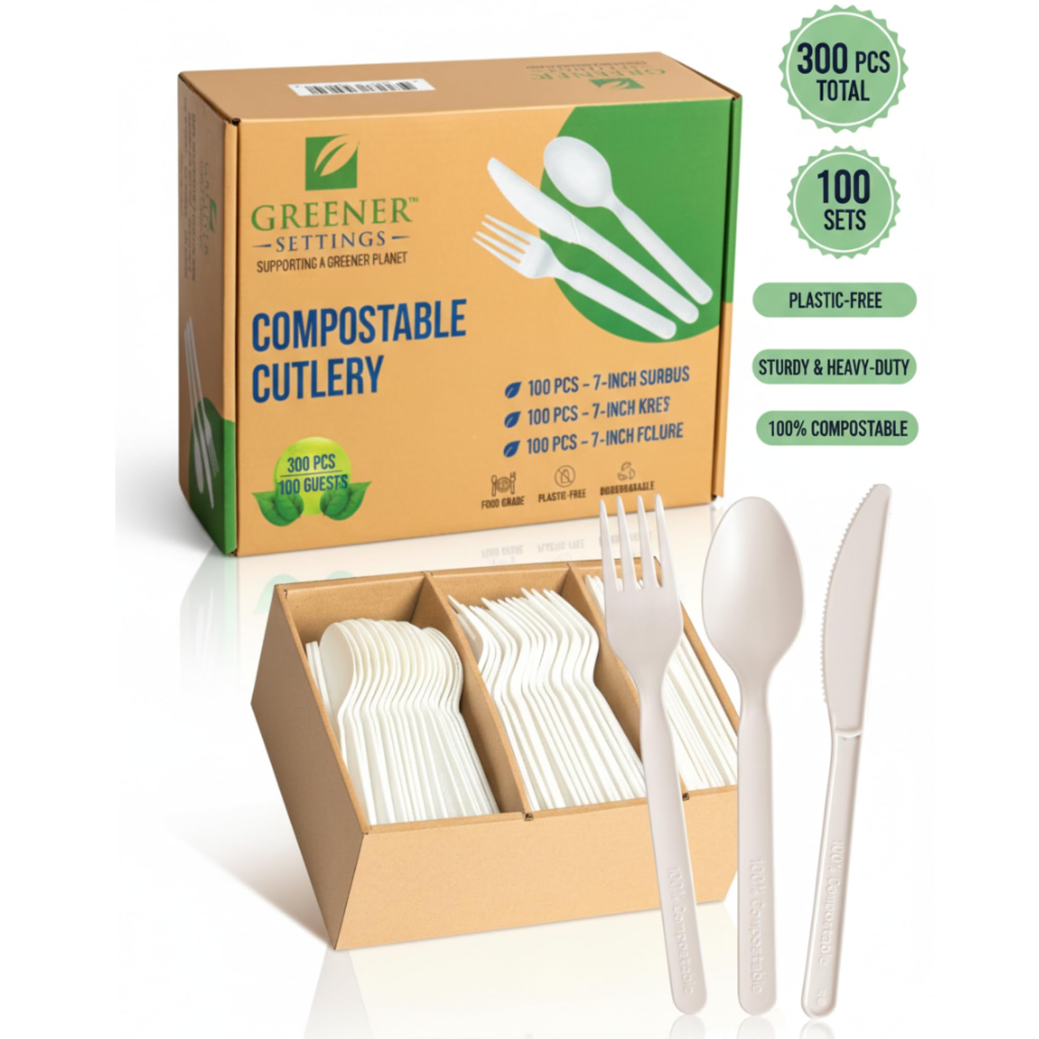 Juego de cubiertos 100% compostables, tenedores, cucharas, cuchillos, 300 utensilios desechables de 7 pulgadas, alternativa duradera resistente al calor a los cubiertos de plástico con práctica