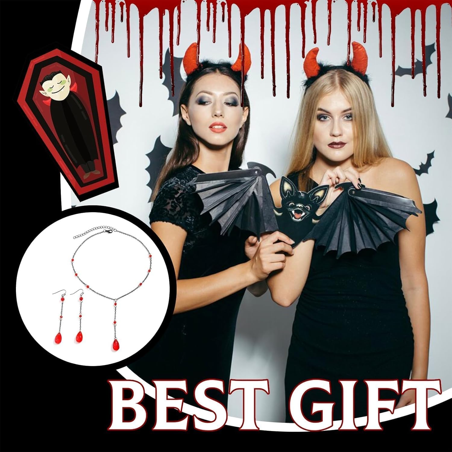 YANCHUN Goth Necklace Earrings Set Blood Earrings Set Goth Jewelry Vampire Costume Lariat Necklaces for Women Black Layered Necklaces for Women Halloween Accessories Gifts - Image 4