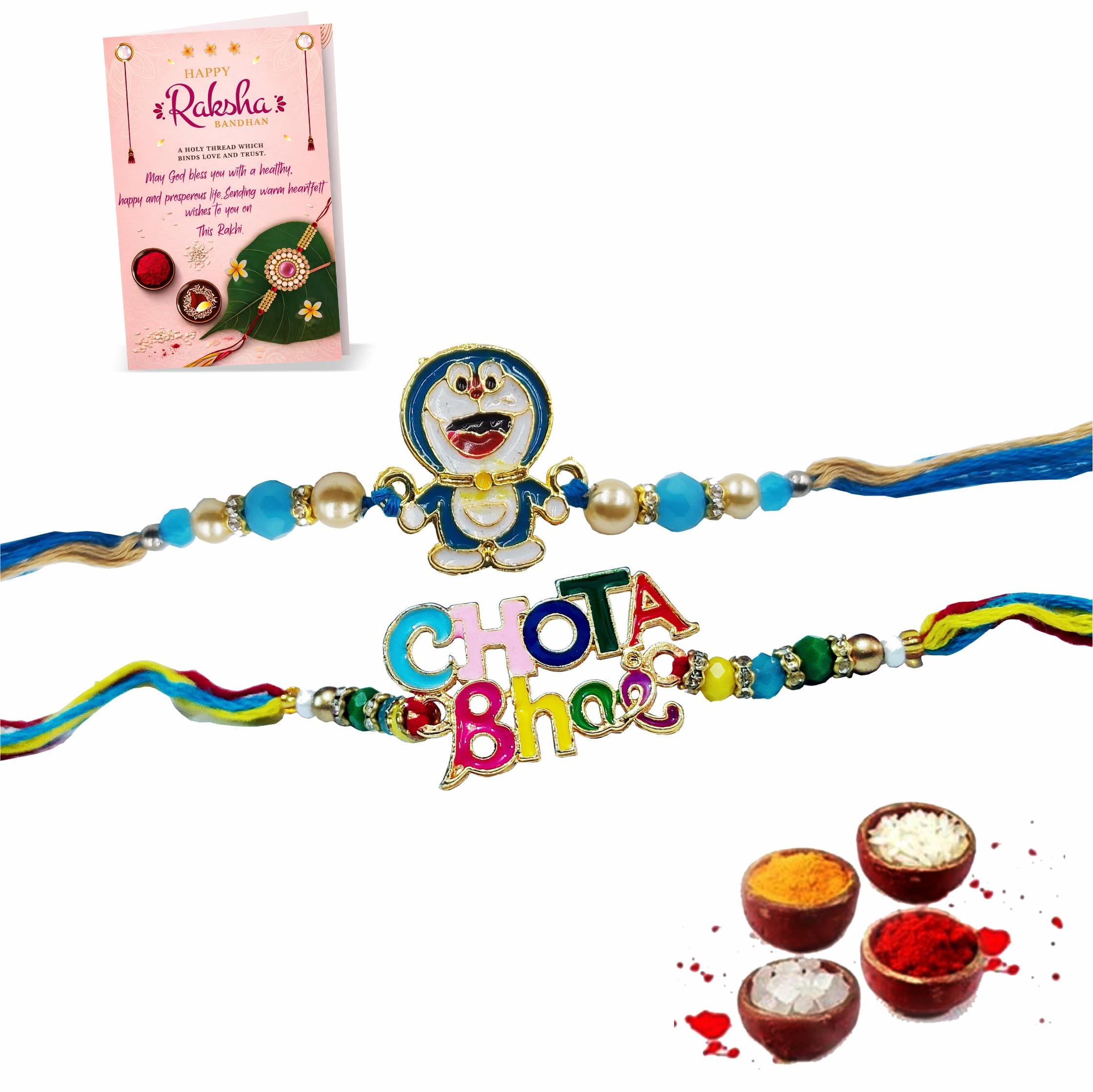 Cute Rakhi for Kids Boy Girl | Set of 2 Chota Bhai & Doraemon Cartoon Thread | Rakshabandhan Combo with Greeting Card, Tilak & Roli | Premium Festival Gift for Little Brother, Toddler, Nephew | Traditional Pooja Soft Colorful Fancy Rakhi-image-23
