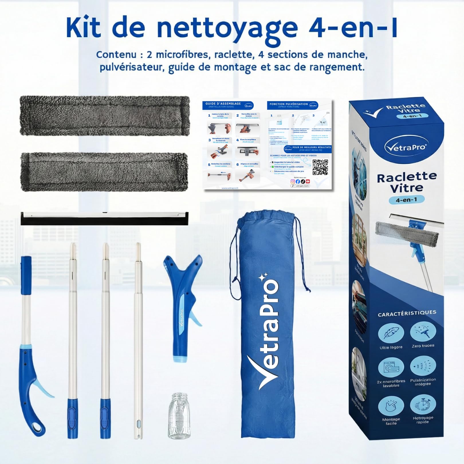 Raclette Vitre Professionnelle – Lave Vitre 4 en 1 avec Manche Télescopique 25 à 225 cm et Pulvérisateur pour Nettoyant Vitre – Nettoyeur Vitre pour Un Nettoyage Impeccable - Kit Polyvalent