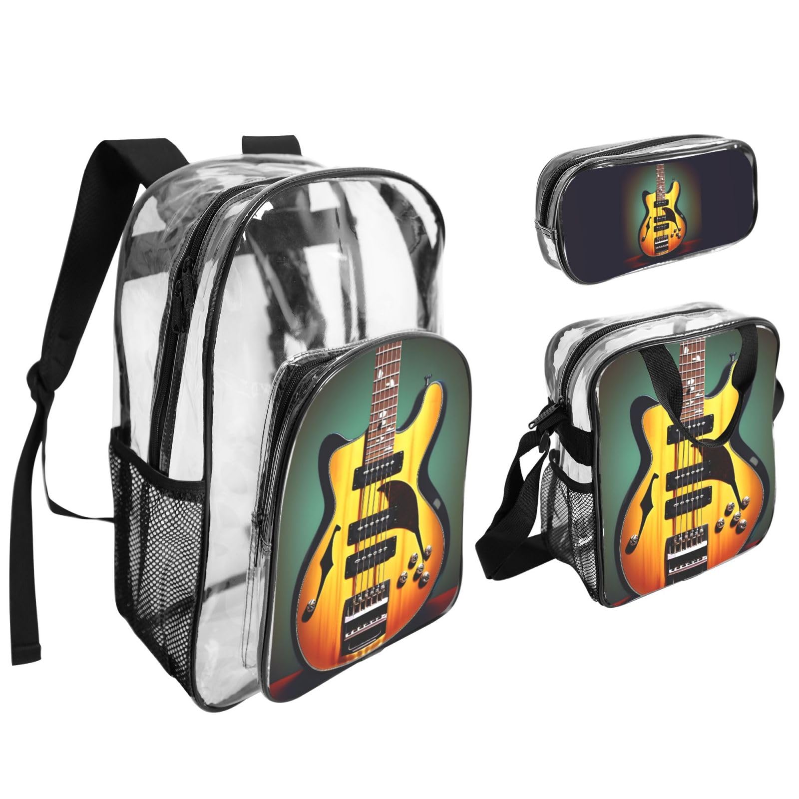Gitara basowa muzyka instrumenty muzyczne nadruk kobiety mężczyźni dzieci przezroczysty plecak zestaw szkoła podróż przezroczysty 3-częściowy pojemnik na lunch