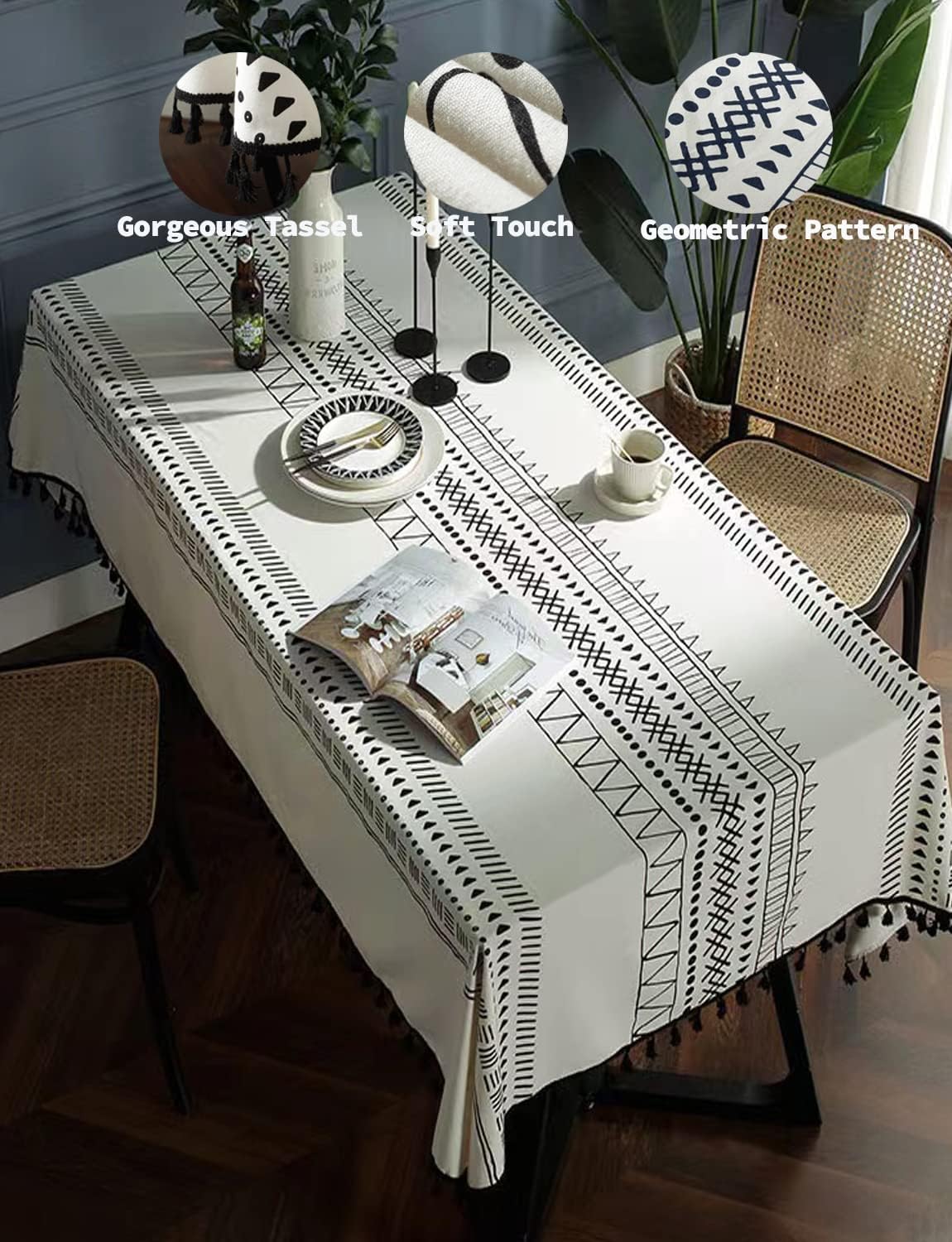 Colorigan Cotton Linen Rectangle Tablecloth Boho Design Table Cloth Farmhouse Decor Oblong Tablecloth Wrinkle Free Indoor Outdoor Table Cover for Party, Picnic, Kitchen and Dining Room,6-8 Seats