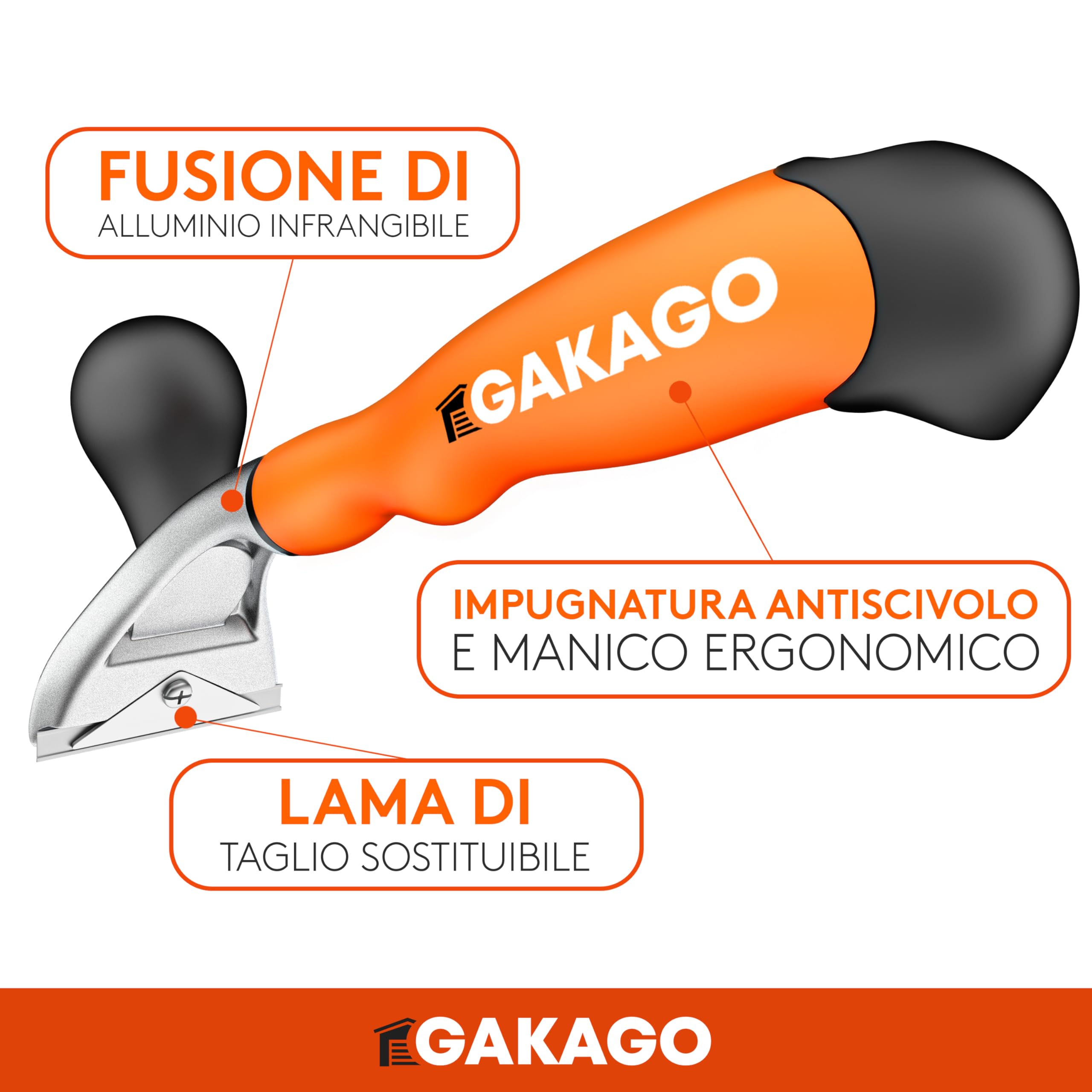 Gakago Raschietto - Lama di alta qualità da 65 mm in resistente carburo di tungsteno - Raschietto universale ergonomico e antiscivolo per legno, metallo, cemento o pietra