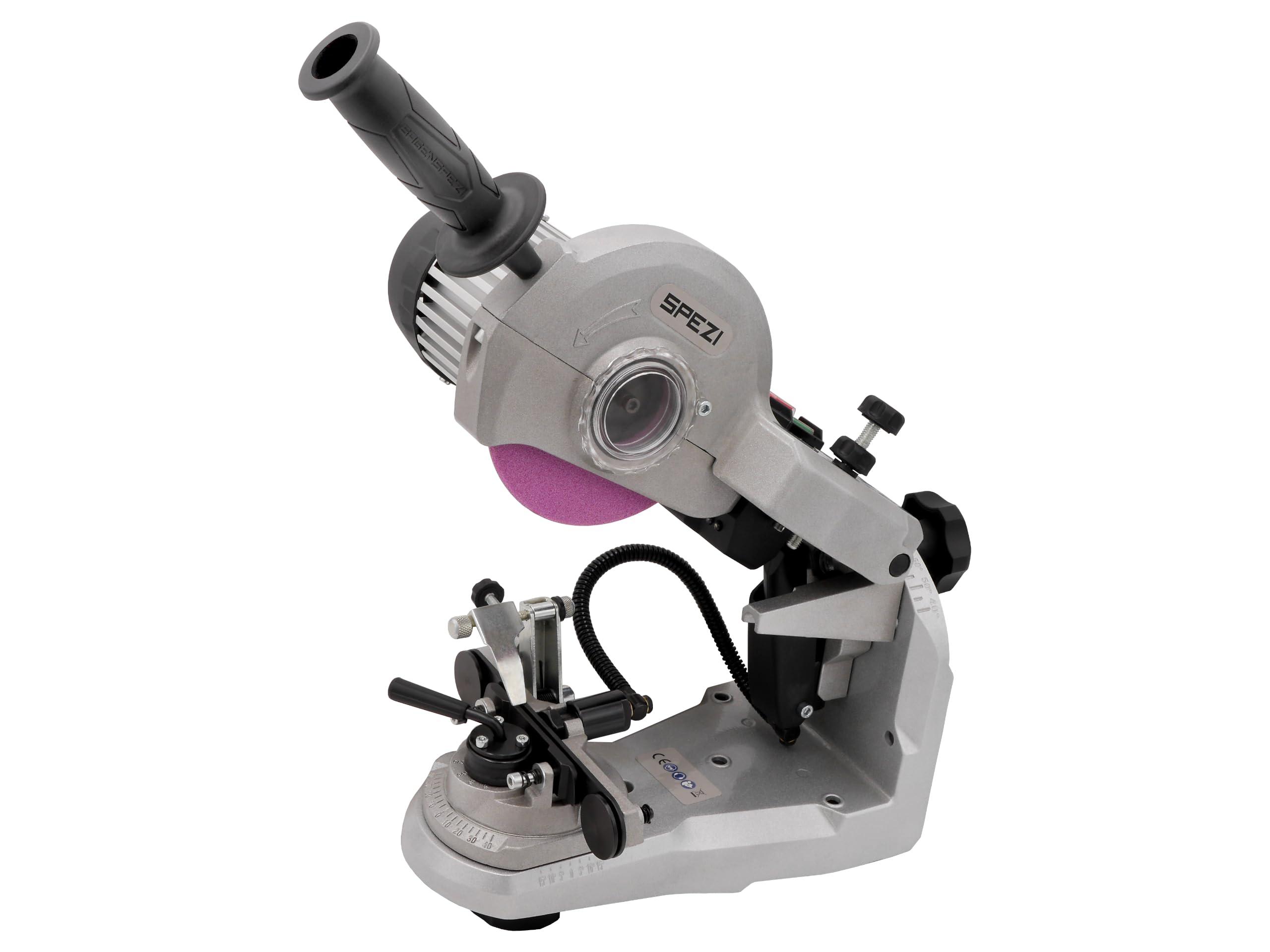Sägenspezi® - Affilacatena HydroSharp 300 AutoClamp by Sägenspezi® – 300 W Semiautomatico con sistema di serraggio idraulico, LED, 3 dischi abrasivi, affilacoltelli per catena per seghe fai da te e