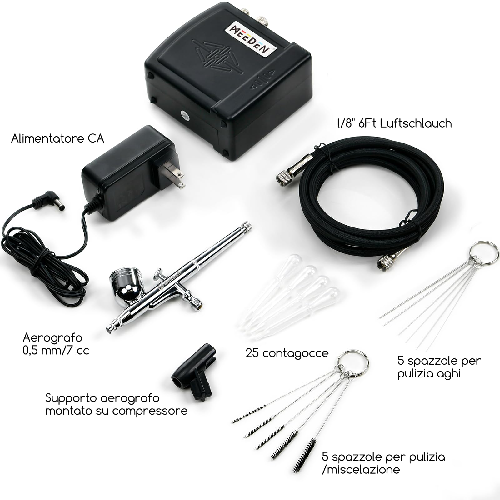 MEEDEN Aerografo per Modellismo: Compressore A Batteria Per Spazzole Ad Aria Auto Stop Con Tubo Dell'aria Da 1,8 M Per Decorazione Di Torte Tatuaggio Graffiti Pittura Decorazione Di Torte - Nero