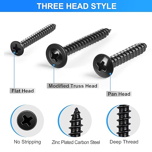 Miniatura 2 de Kit de surtido de 485 piezas de tornillos de madera negros, #6#8#10 cabeza redonda y de armadura y cabeza plana, tornillos autorroscantes, 20