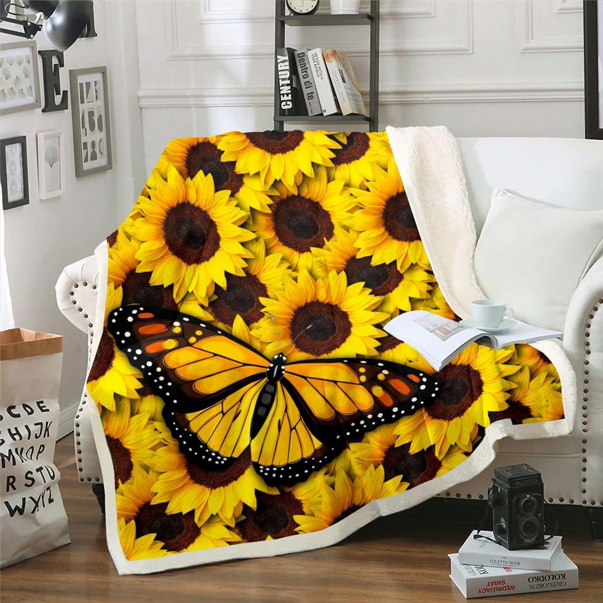 Erosebridal Sunflower Blanket Throw Size Butterfly Decor Throw Blanket Gifts for Toddler Kids Nursery, Yellow Floral Fleece Blanket Fall Theme Botanical Nature Garden Flowers Flannel Blanket