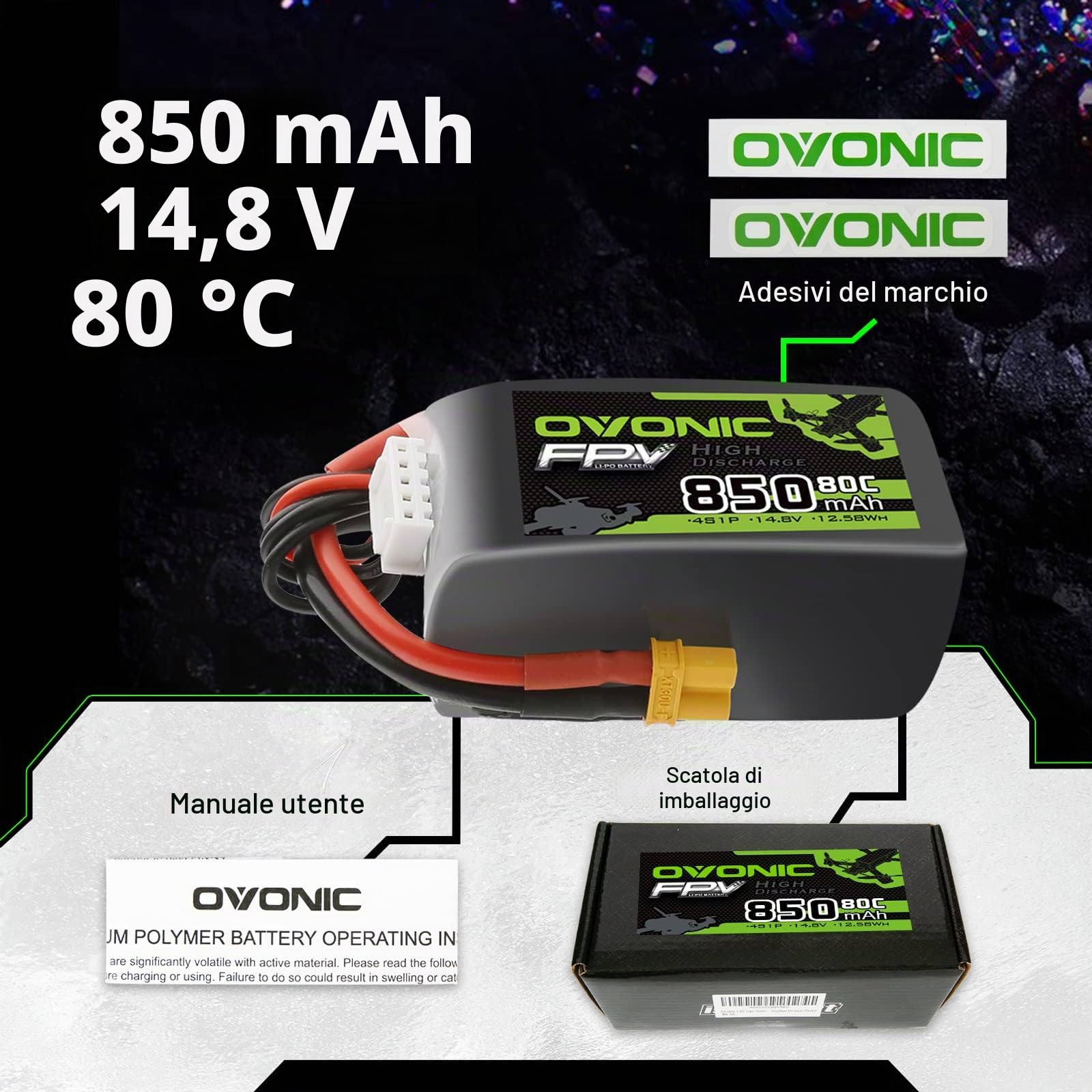 OVONIC Batteria Lipo 4s 80C 850mAh 14.8V con XT30 per RC Aereo Quadcopter Elicottero FPV Racing Drone (4 pezzi)