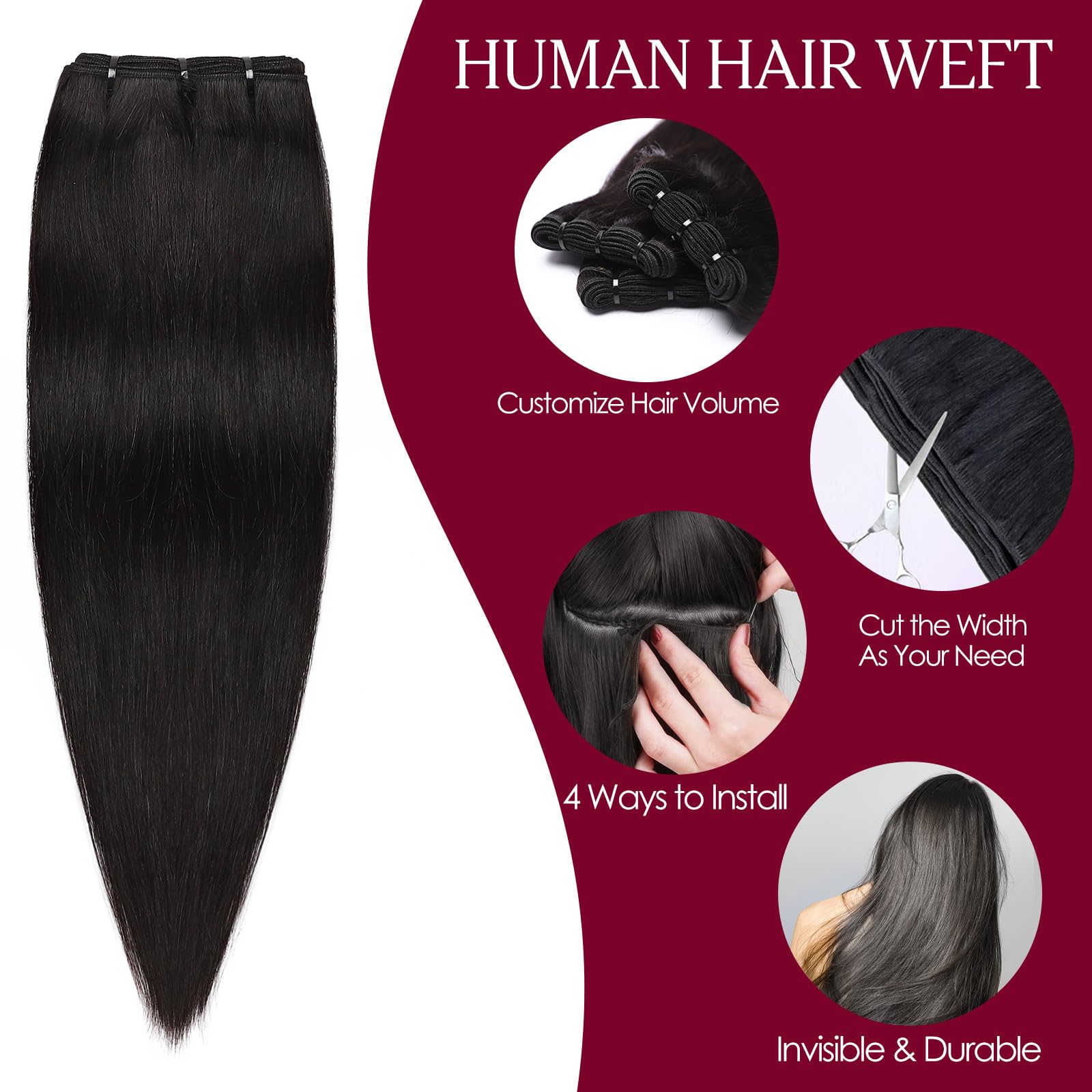 Benehair Double Weft Straight Silky Remy Invisible Sew in Hair 14 Inch 100g Real Human Hair Weft Extensions #1B Natural Black - Image 2