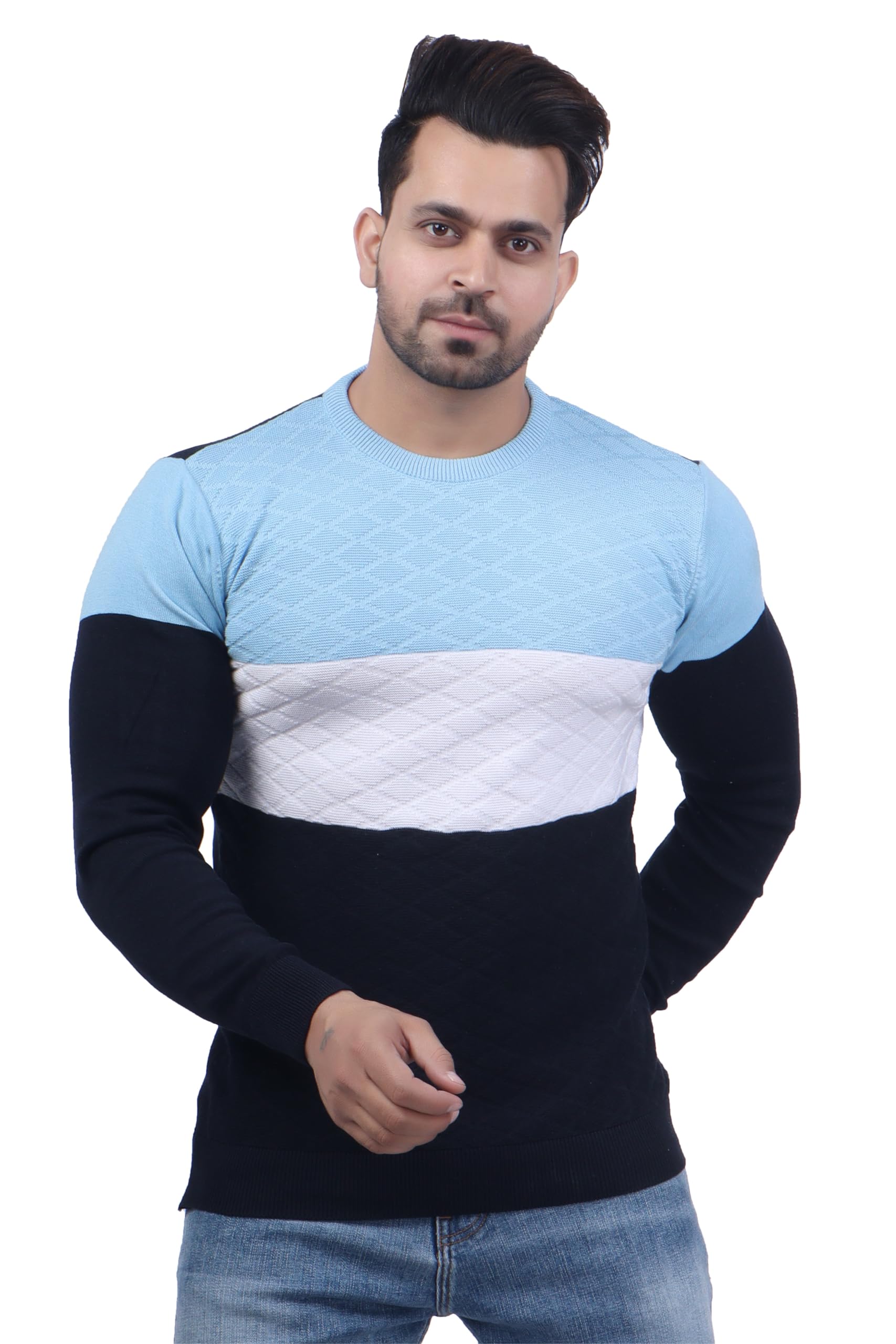 feverfew Fashinable Men Pullover Sweater | Full Sleeve | Round Neck | Cotton Fabric | Winter Warmth | Casual Colorblock Sweater-picture-13