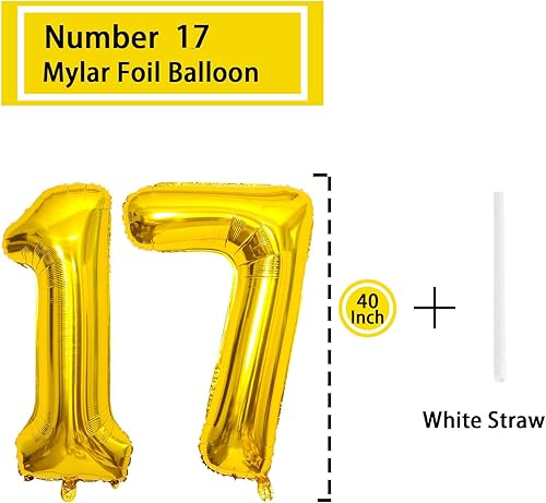 Miniatura 2 de Globo dorado con el número 17 de 40 pulgadas, globos grandes de Mylar para niños de 17 años, decoraciones de fiesta de cumpleaños, bodas,