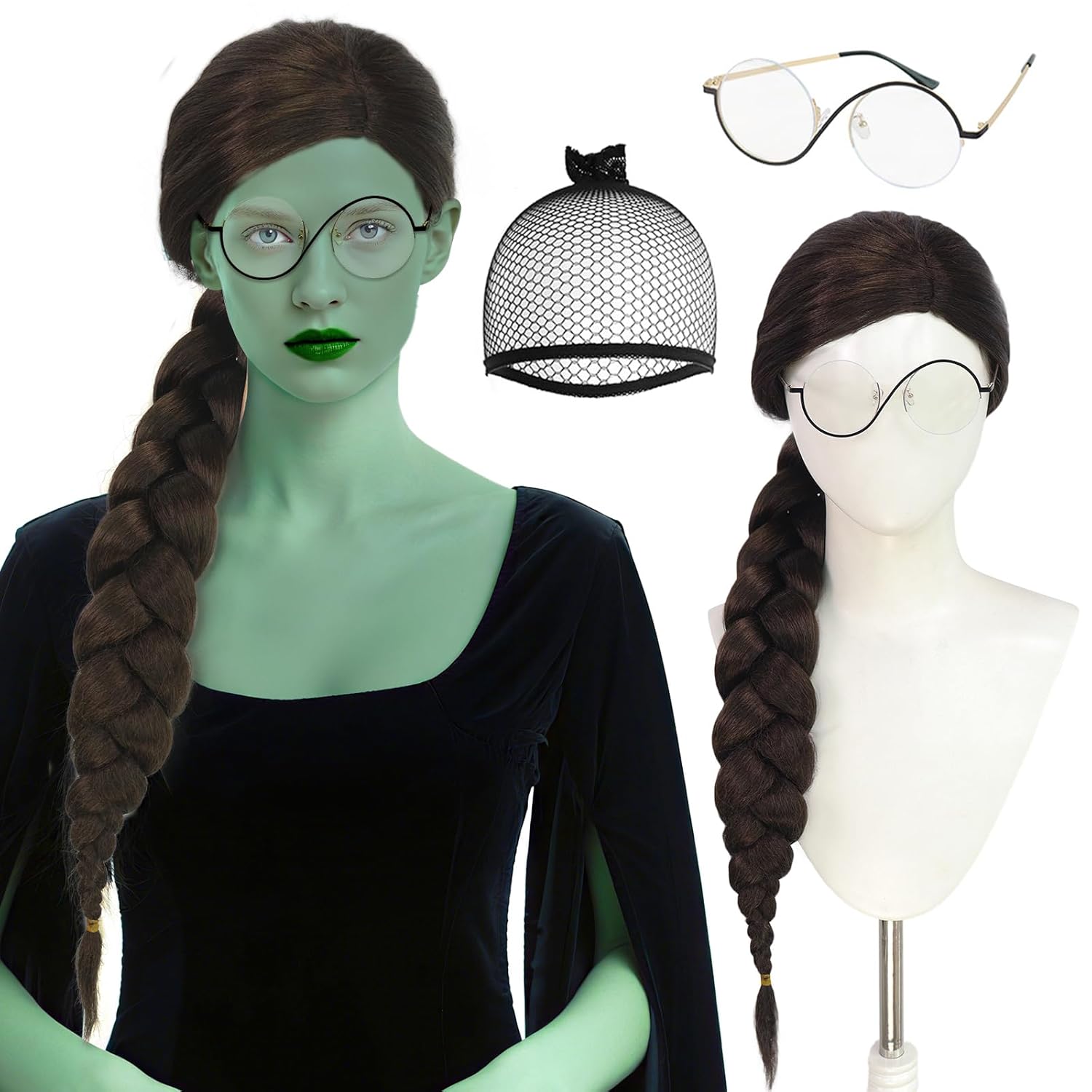 Hair Cap+Long Braided Wigs with Glasses Black Anime Wig for Women Witch Halloween Cosplay Outfit Black Curly Hair Adult Synthetic Long Witch Costume for Theme Party Cosplay Comic Con Dark Brown