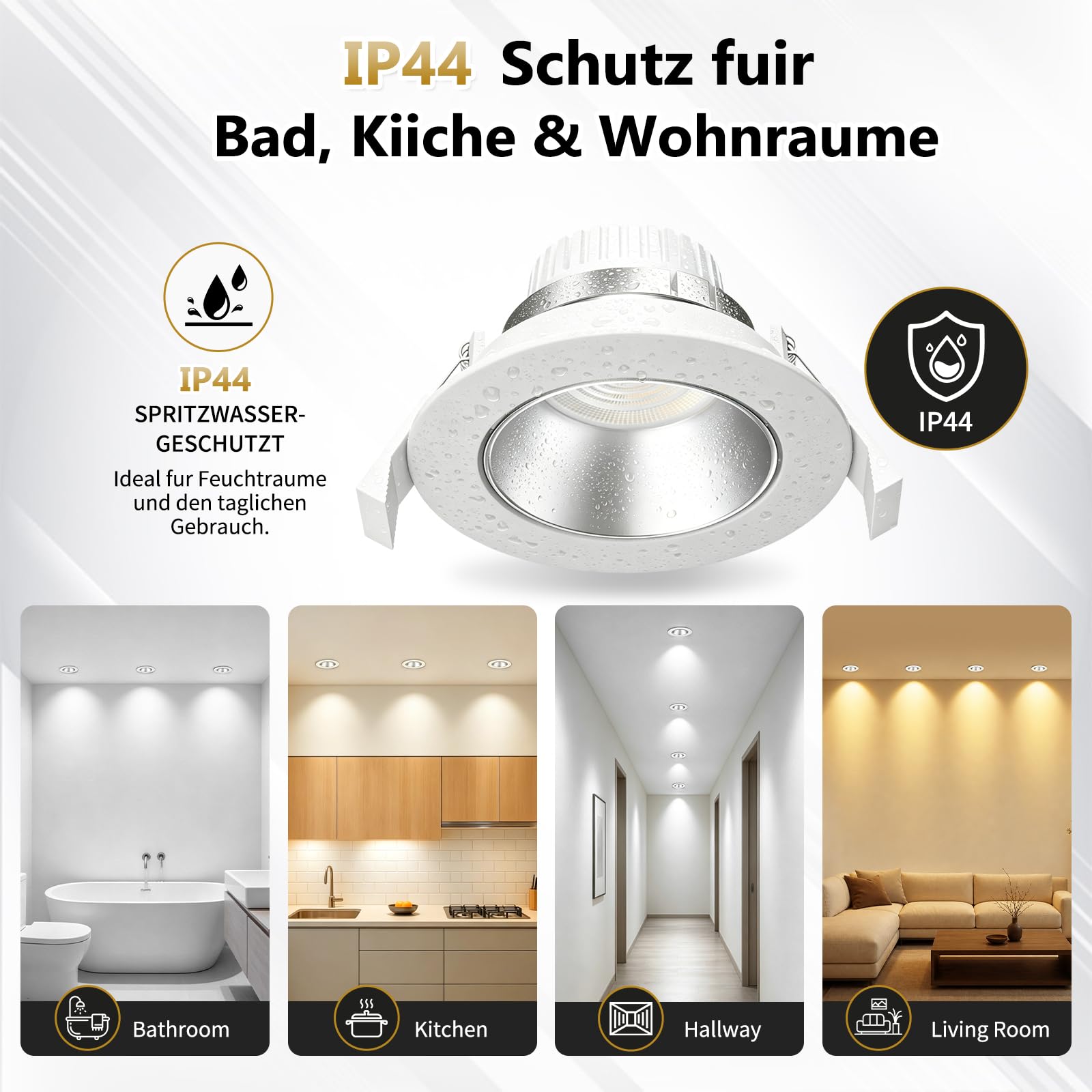 YindaLux 6x LED Einbaustrahler 230V Dimmbar, 5W 550LM 3000K/4000K/6500K, Schwenkbare Deckenspots IP44 Einbauspots, Tiefe Reflektorschale, Abnehmbares LED Modul, 38°/120°, Ø75-80mm Loch, Weiß Silber