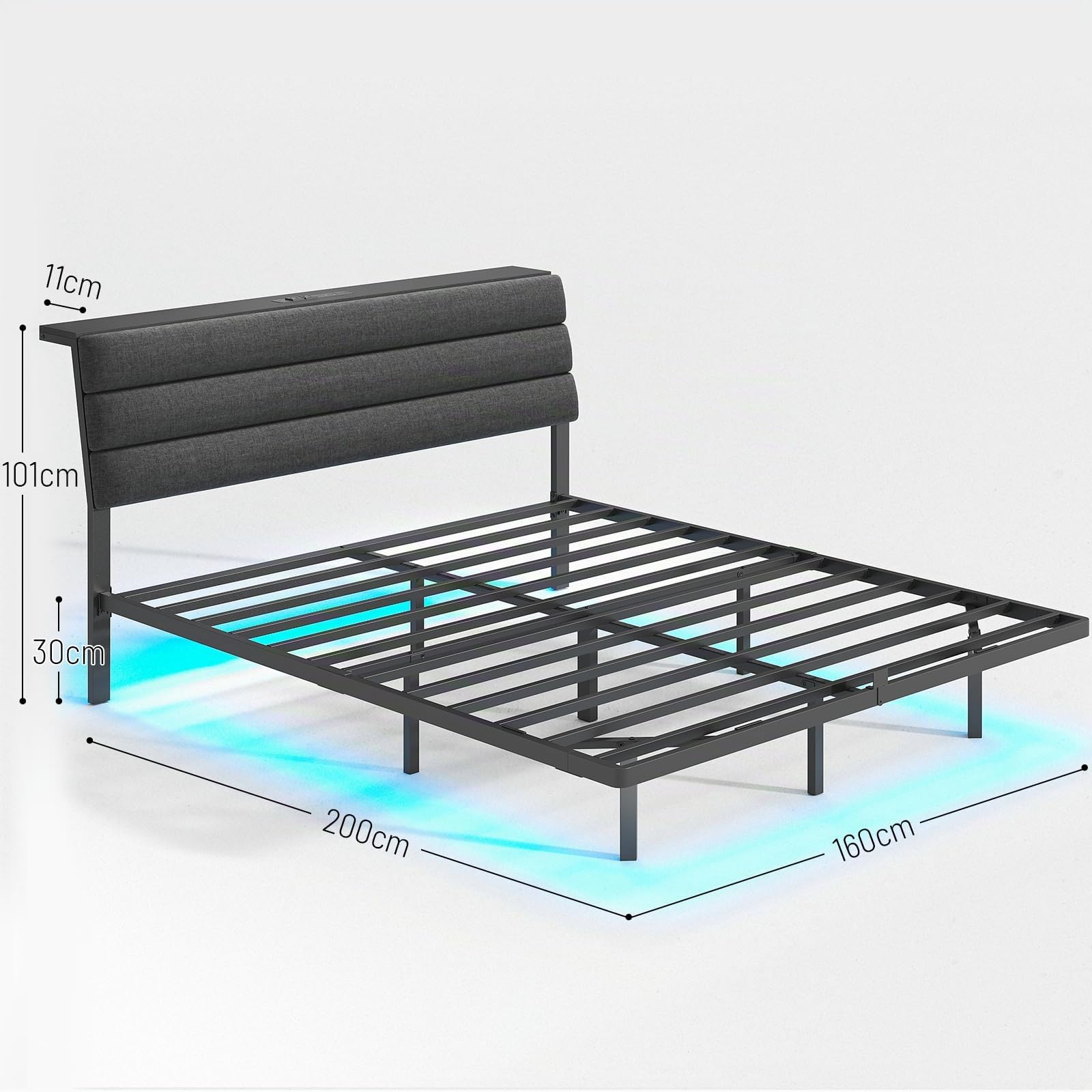 Letto Sospeso 160 x 200 cm con Luci LED, Testiera Contenitore con Stazione di Ricarica, Letto Piattaforma Imbottito con Struttura in Metallo Rinforzata, Grigio Scuro